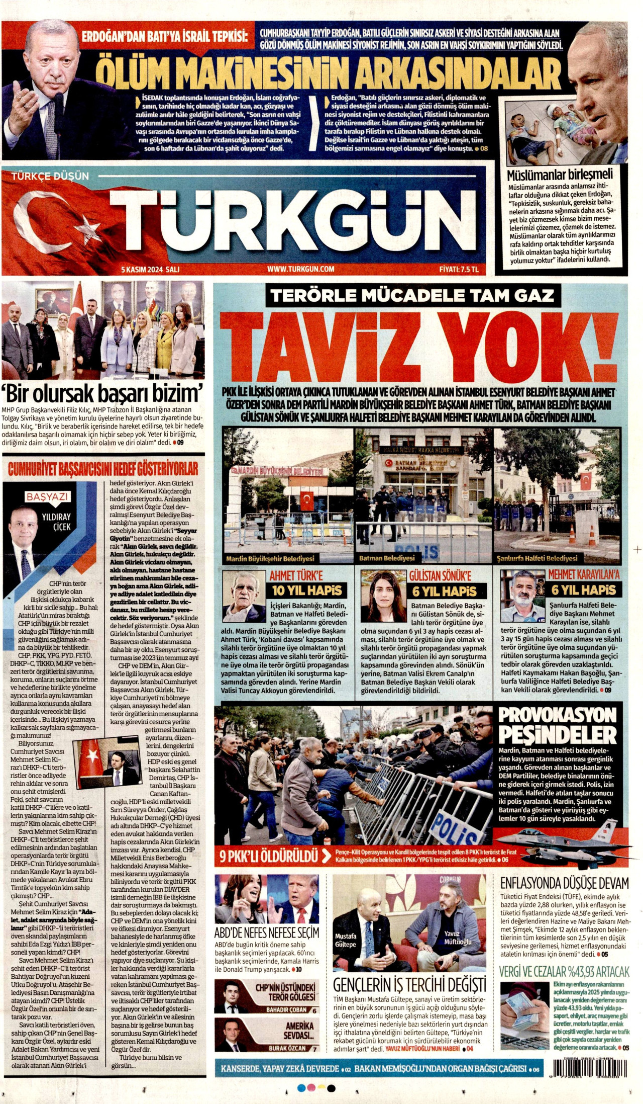 TÜRKGÜN gazetesinin 5 Kasım 2024 tarihli birinci sayfası