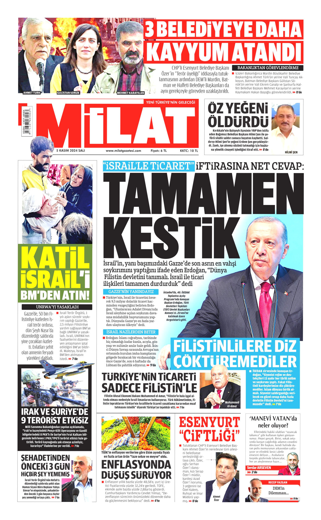 MİLAT gazetesinin 5 Kasım 2024 tarihli birinci sayfası