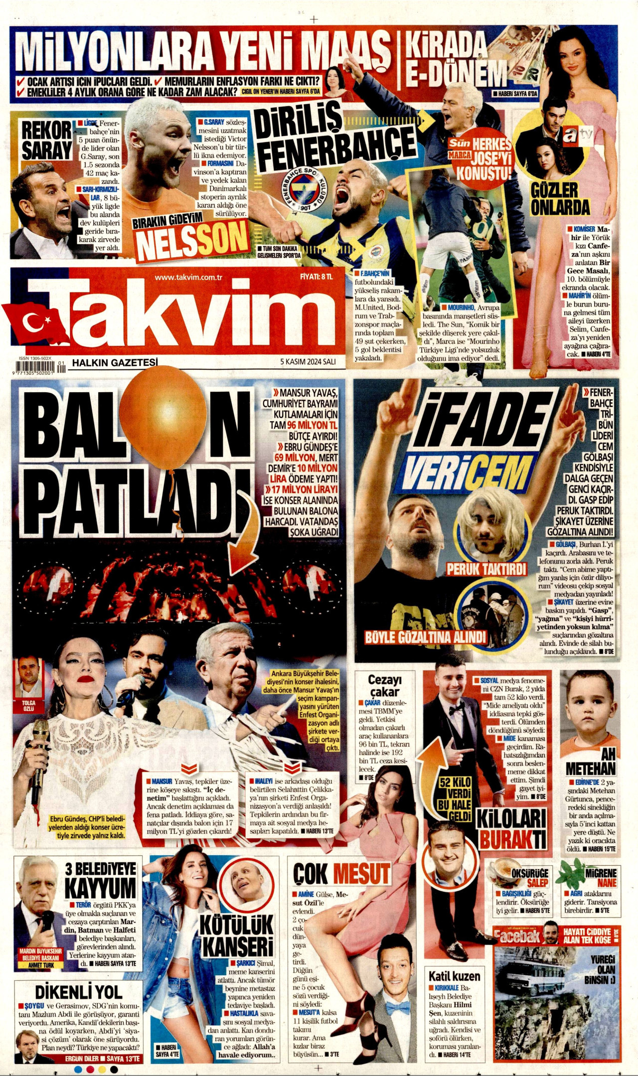 TAKVİM gazetesinin 5 Kasım 2024 tarihli birinci sayfası
