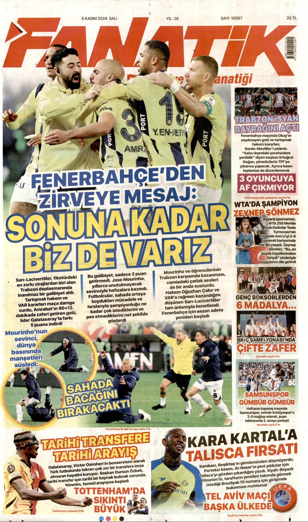 FANATİK gazetesinin 5 Kasım 2024 tarihli birinci sayfası
