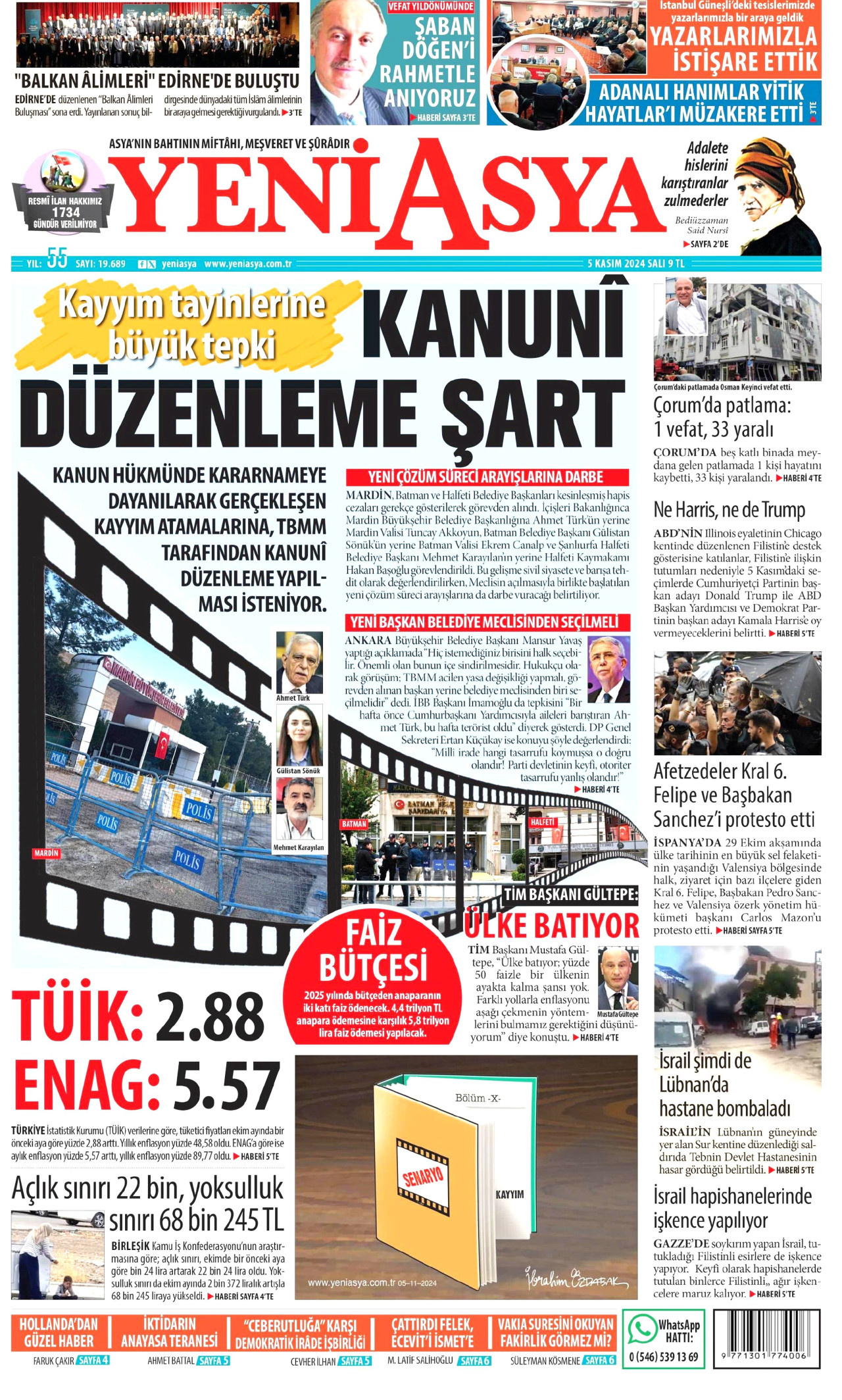 YENİ ASYA gazetesinin 5 Kasım 2024 tarihli birinci sayfası