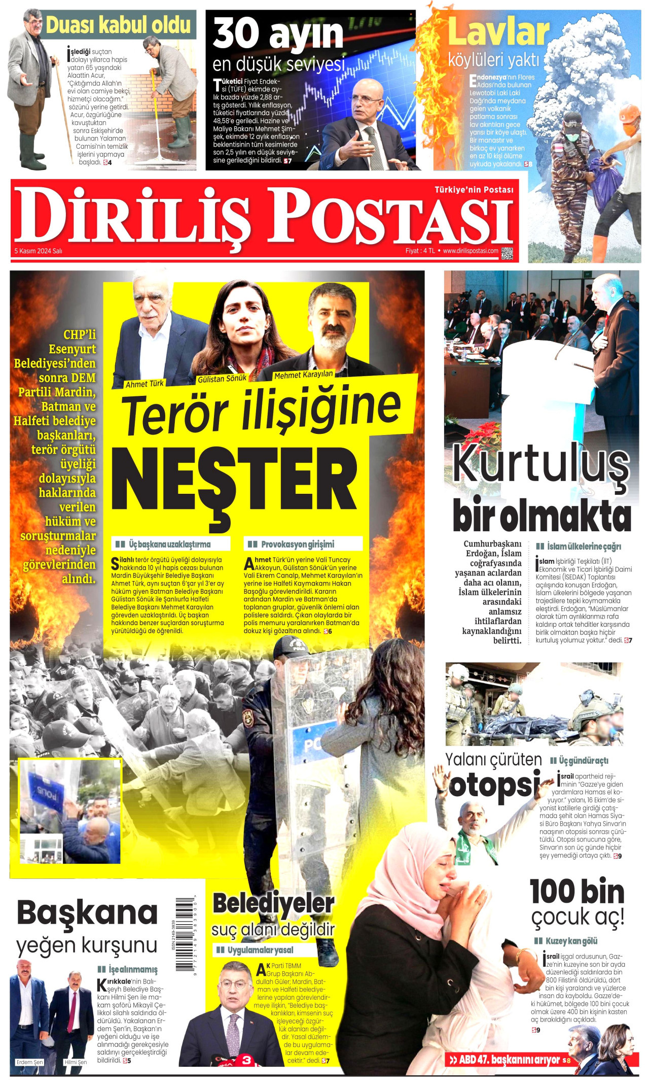 DİRİLİŞ POSTASI gazetesinin 5 Kasım 2024 tarihli birinci sayfası