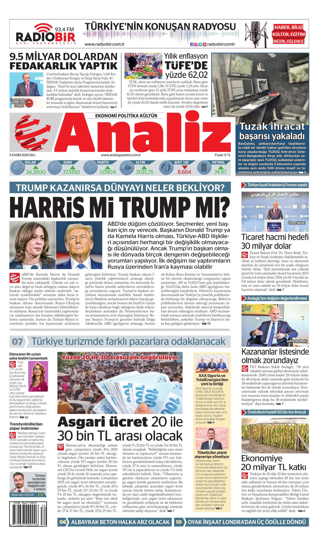 ANALİZ gazetesinin 5 Kasım 2024 tarihli birinci sayfası