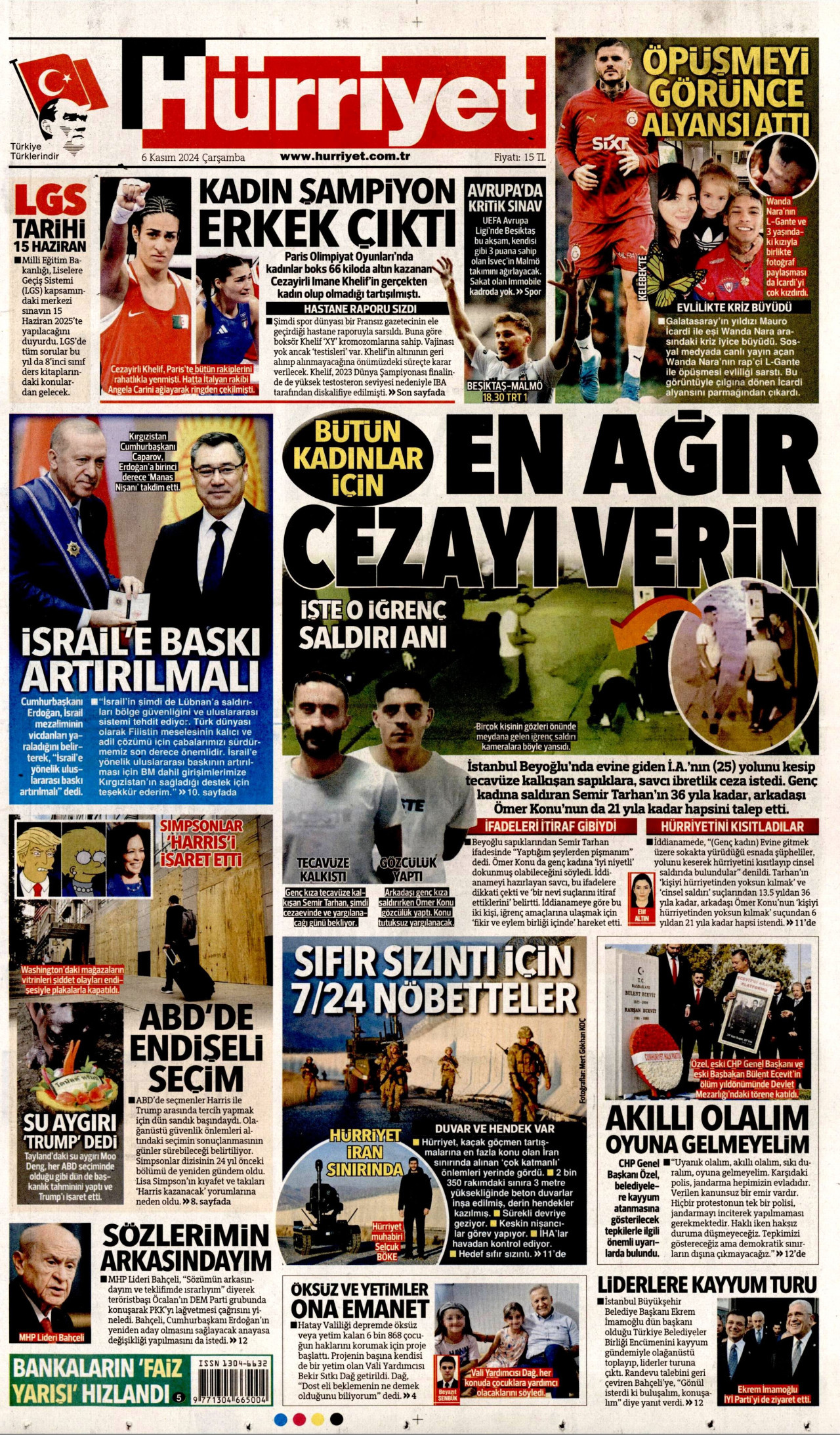HÜRRİYET gazetesinin 6 Kasım 2024 tarihli birinci sayfası