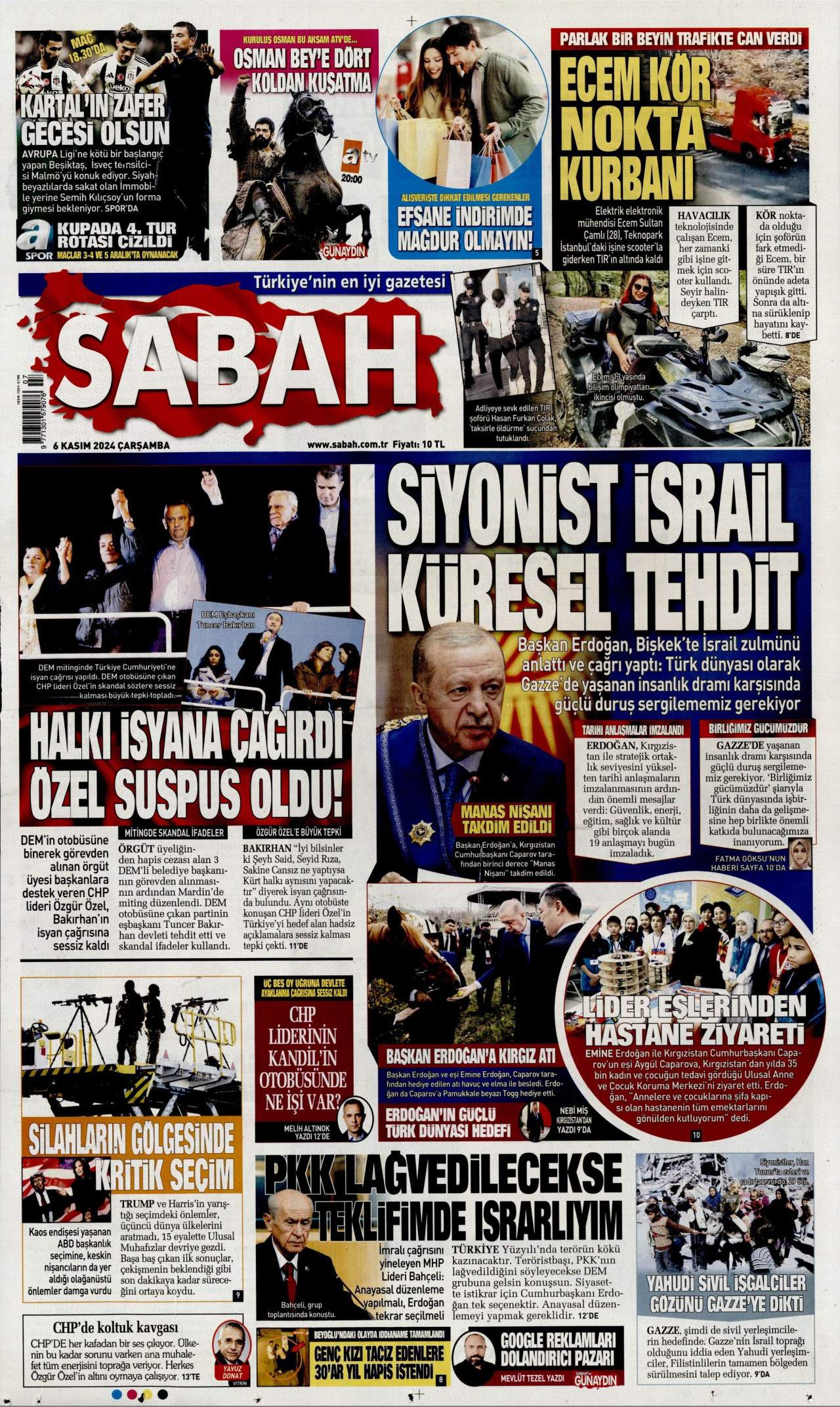 SABAH gazetesinin 6 Kasım 2024 tarihli birinci sayfası