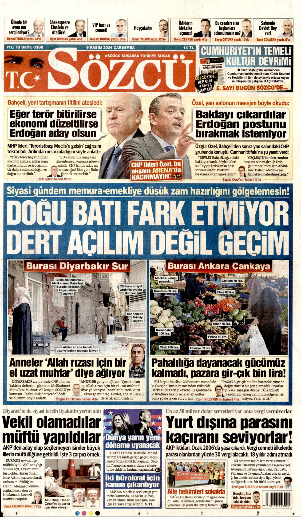 SÖZCÜ gazetesinin 6 Kasım 2024 tarihli birinci sayfası