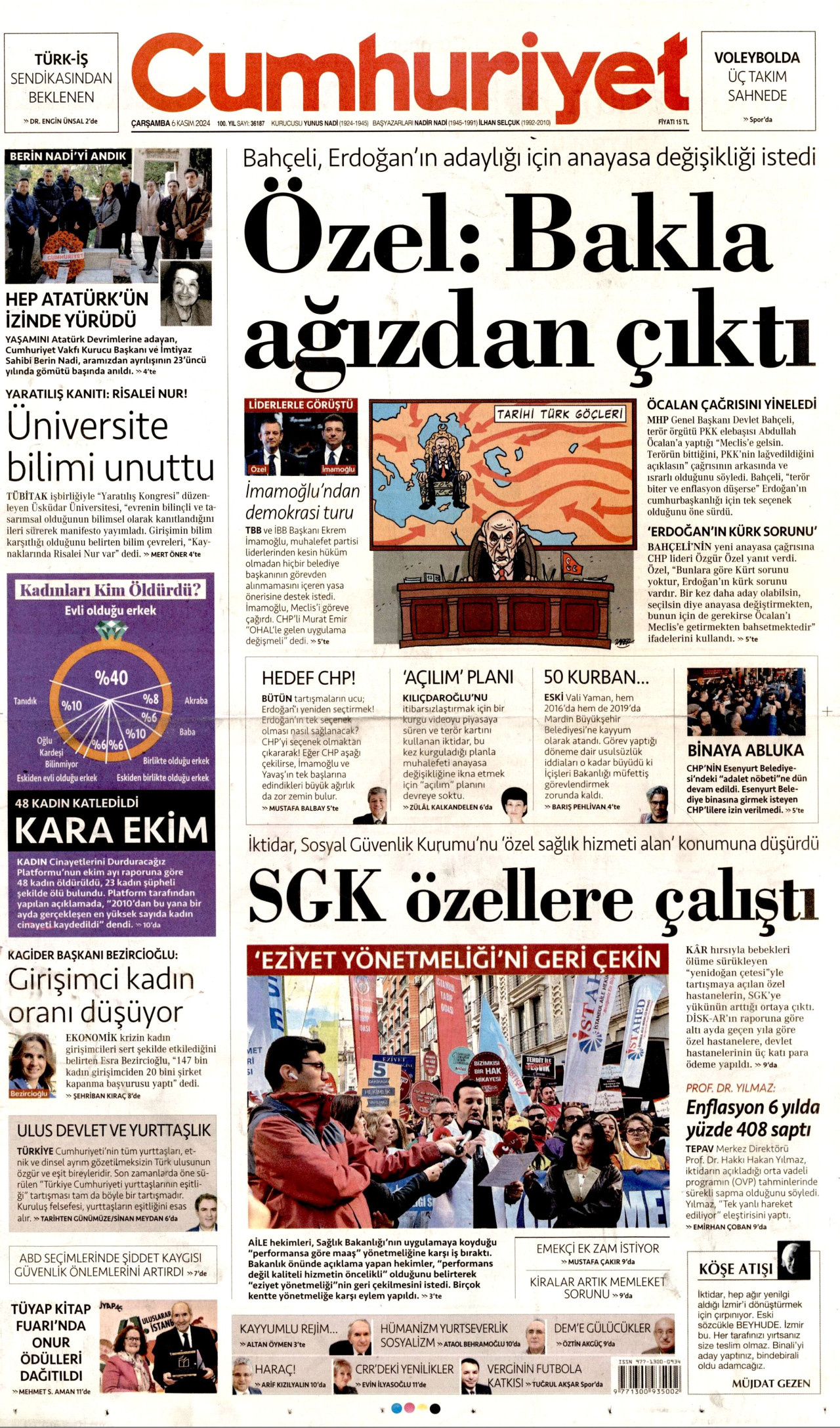 CUMHURİYET gazetesinin 6 Kasım 2024 tarihli birinci sayfası
