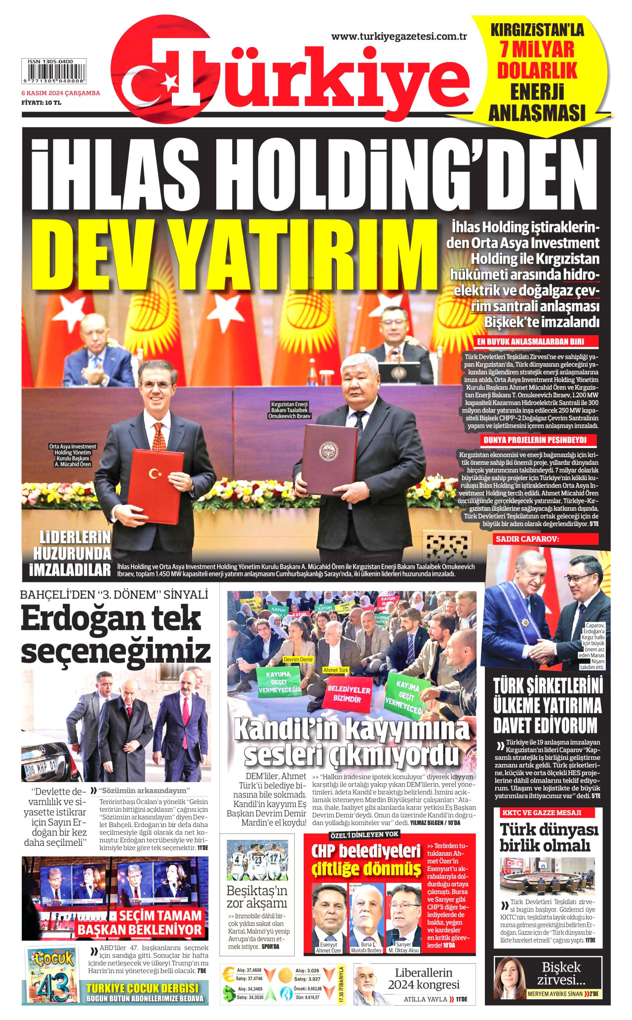 TÜRKİYE GAZETESİ gazetesinin 6 Kasım 2024 tarihli birinci sayfası