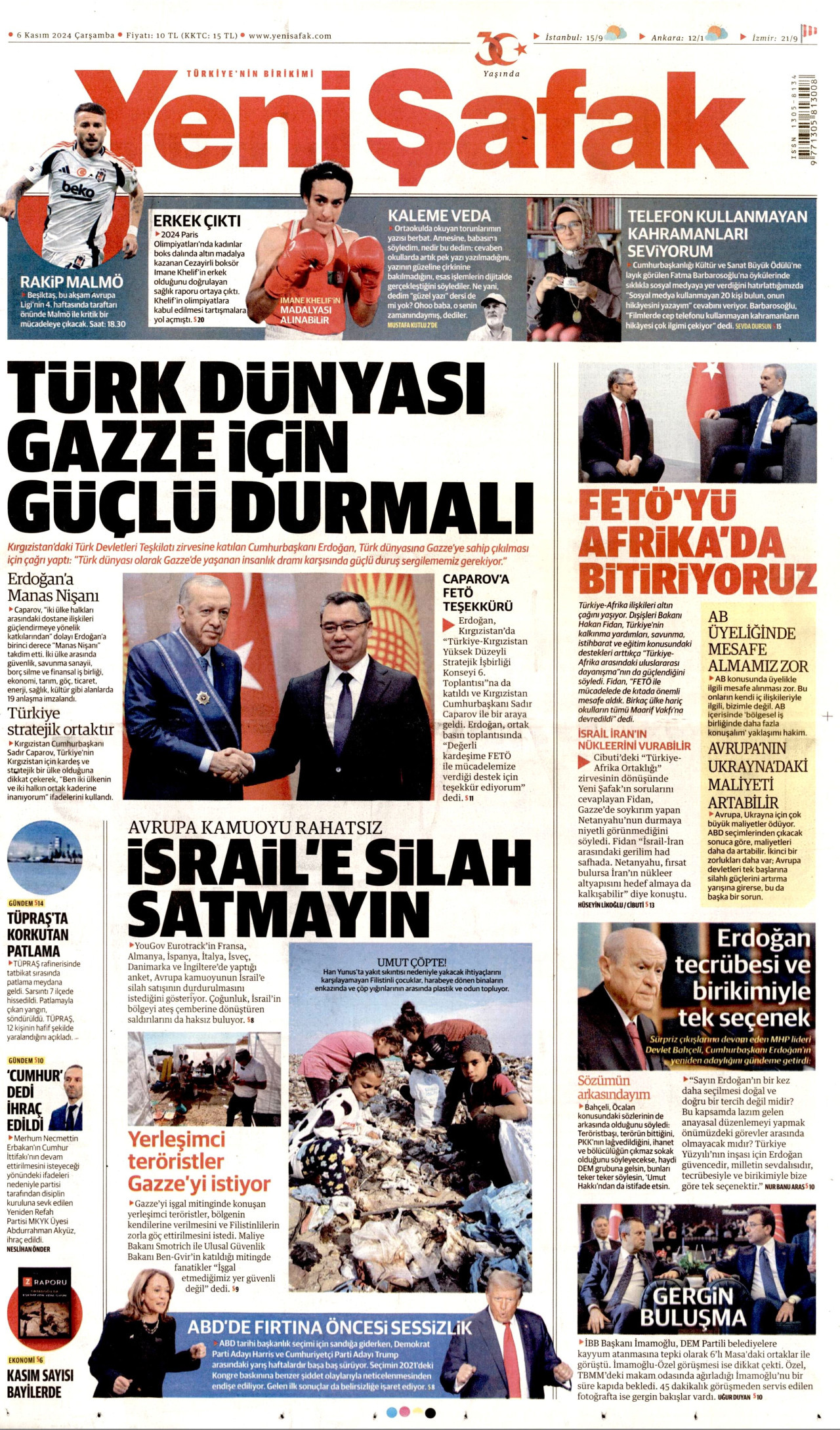 YENİ ŞAFAK gazetesinin 6 Kasım 2024 tarihli birinci sayfası