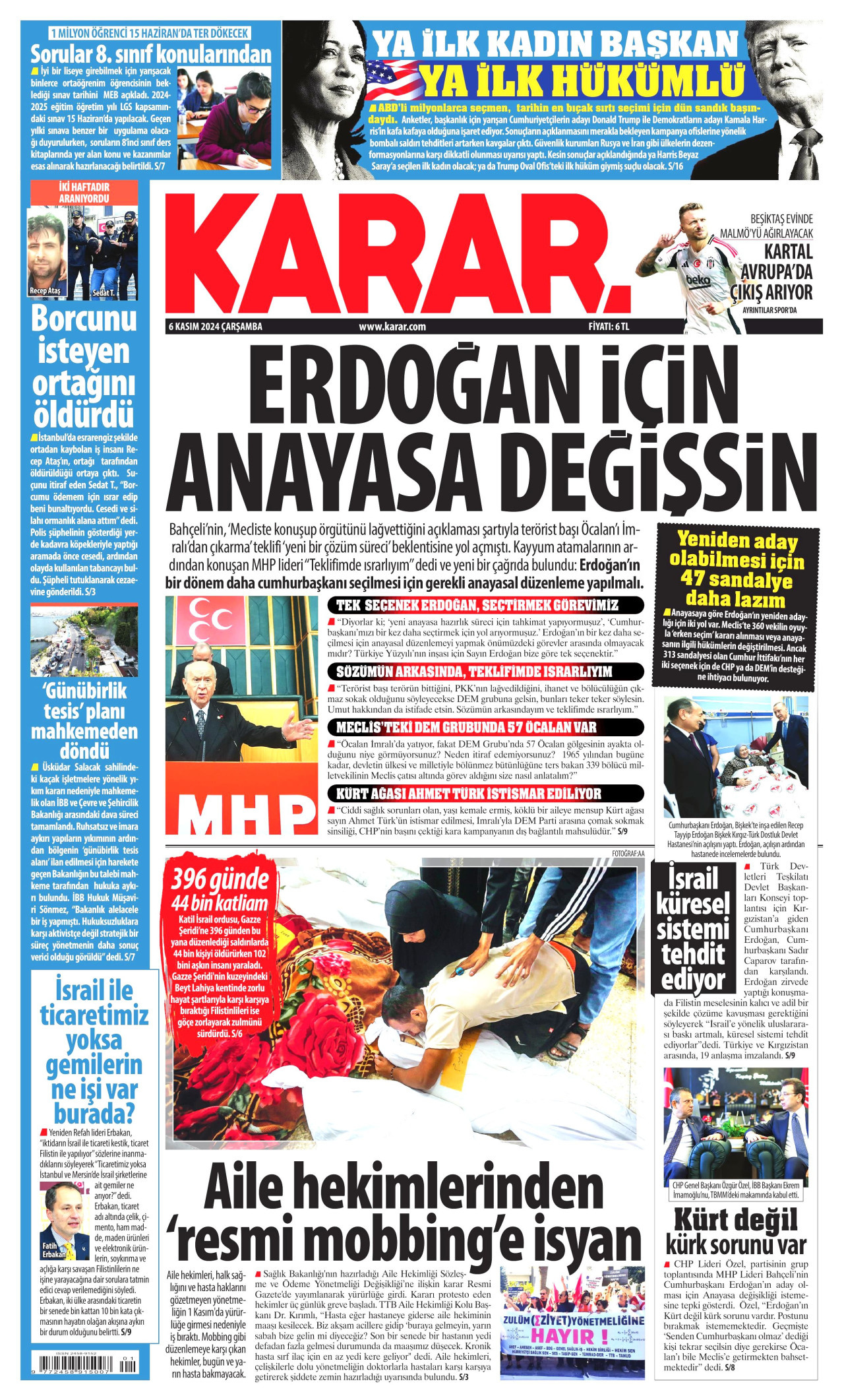 KARAR gazetesinin 6 Kasım 2024 tarihli birinci sayfası