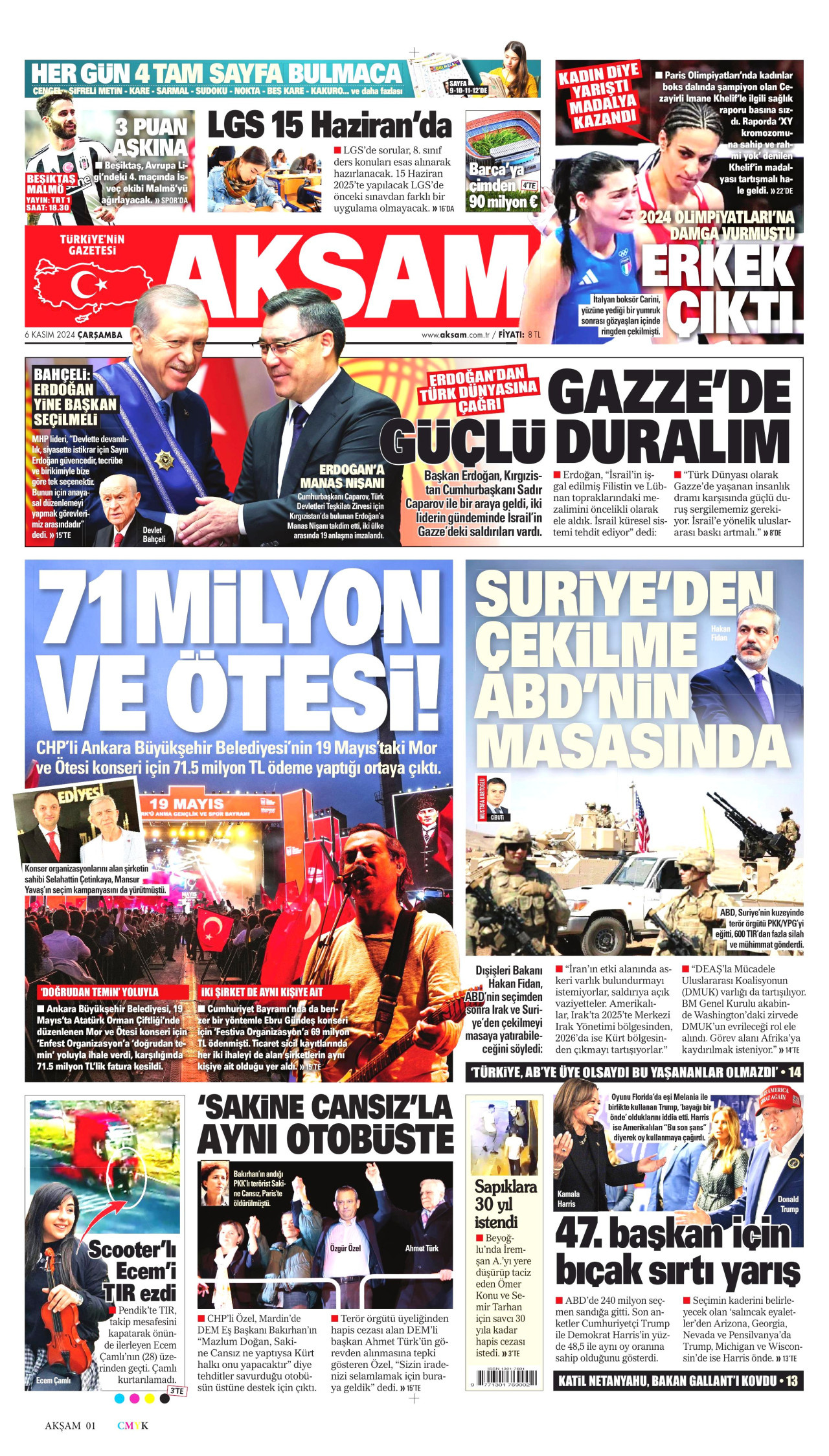 AKŞAM gazetesinin 6 Kasım 2024 tarihli birinci sayfası