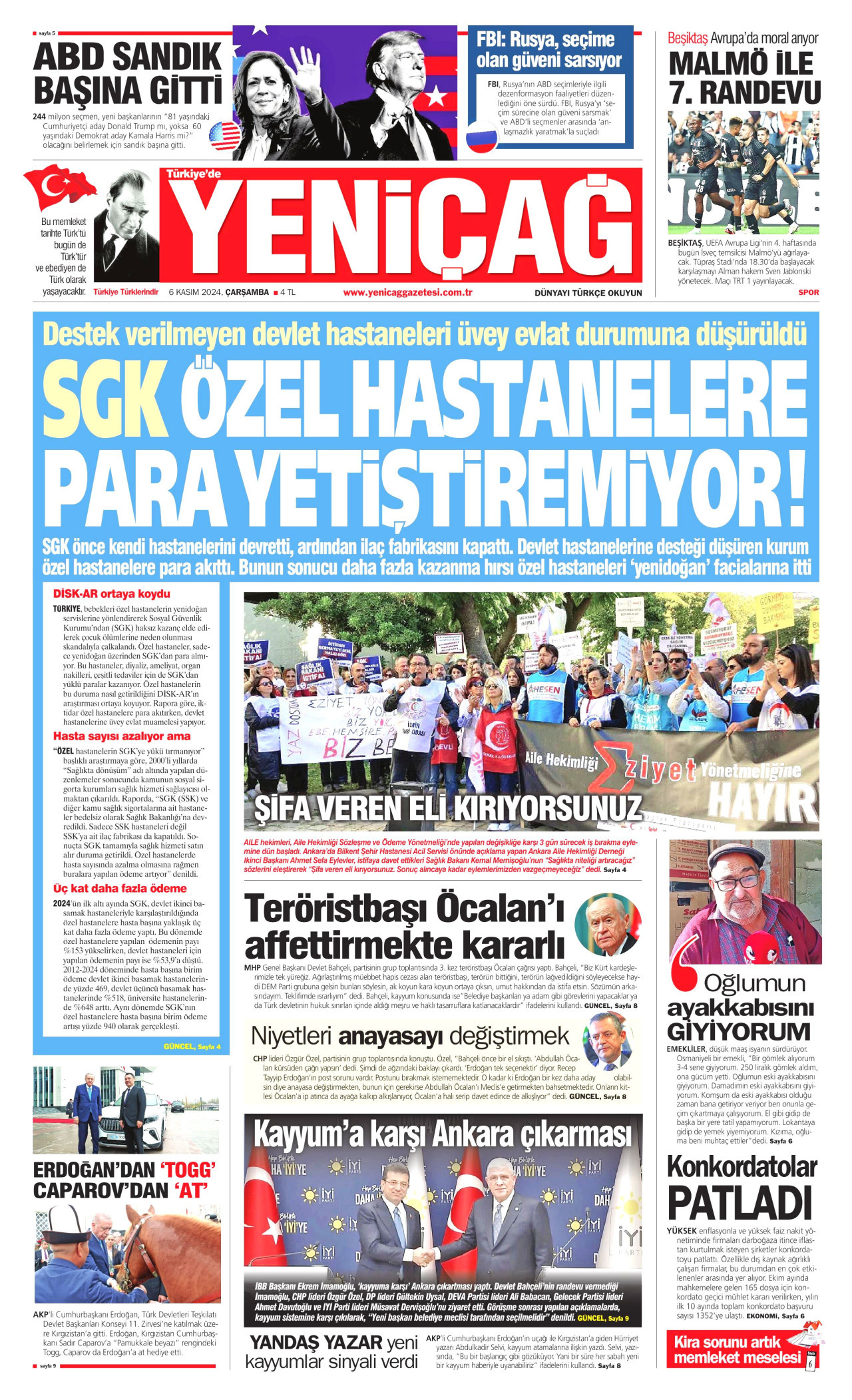 YENİÇAĞ gazetesinin 6 Kasım 2024 tarihli birinci sayfası