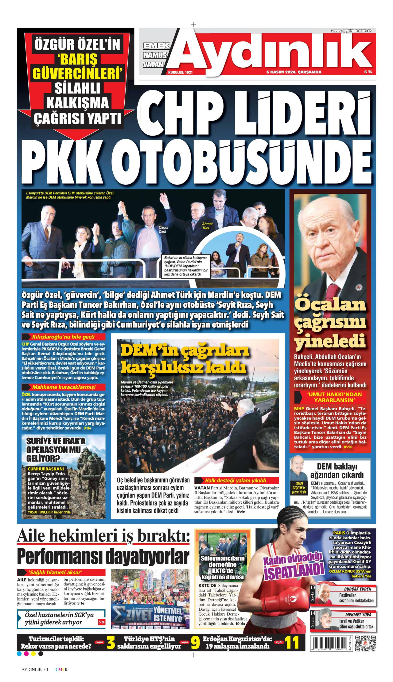 AYDINLIK GAZETESİ gazetesinin 6 Kasım 2024 tarihli birinci sayfası