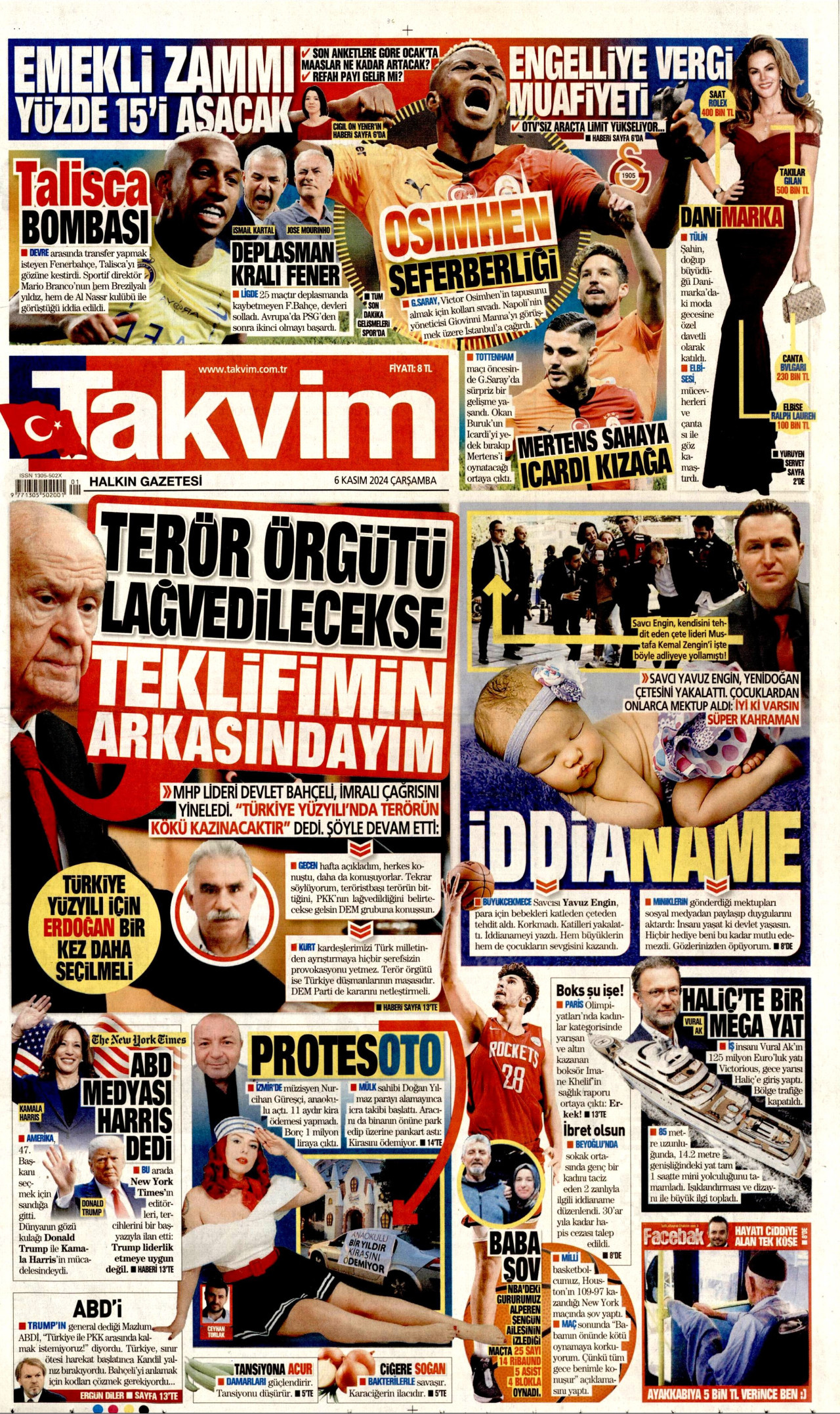 TAKVİM gazetesinin 6 Kasım 2024 tarihli birinci sayfası