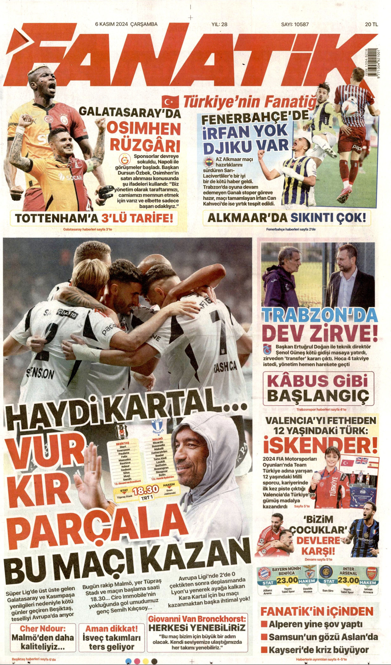 FANATİK gazetesinin 6 Kasım 2024 tarihli birinci sayfası