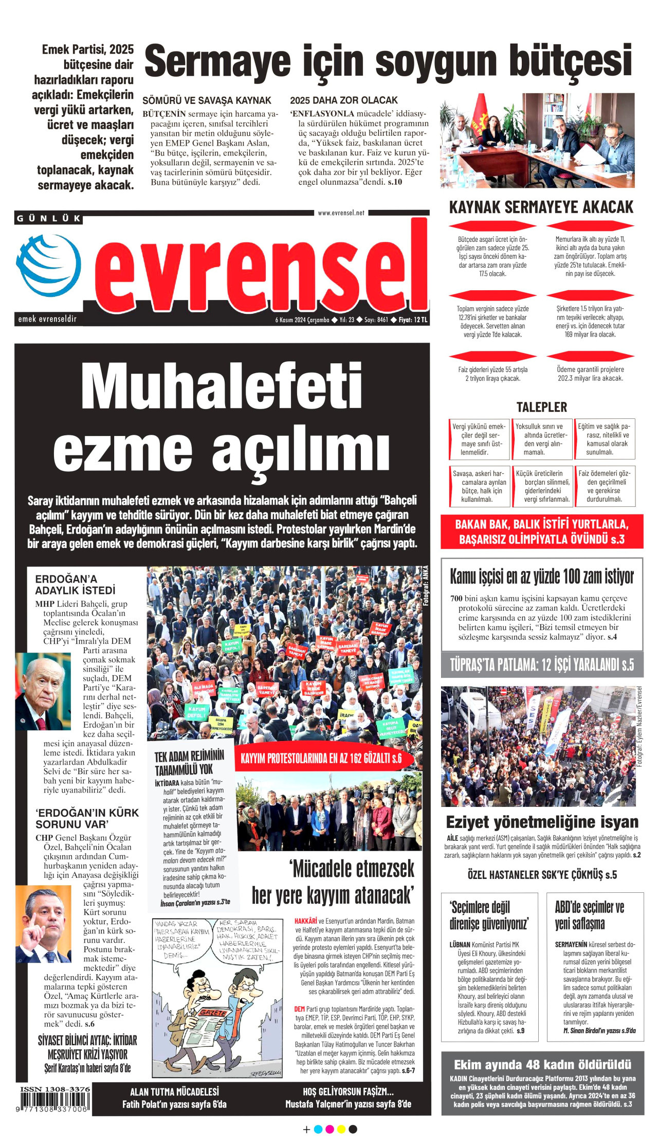 EVRENSEL gazetesinin 6 Kasım 2024 tarihli birinci sayfası