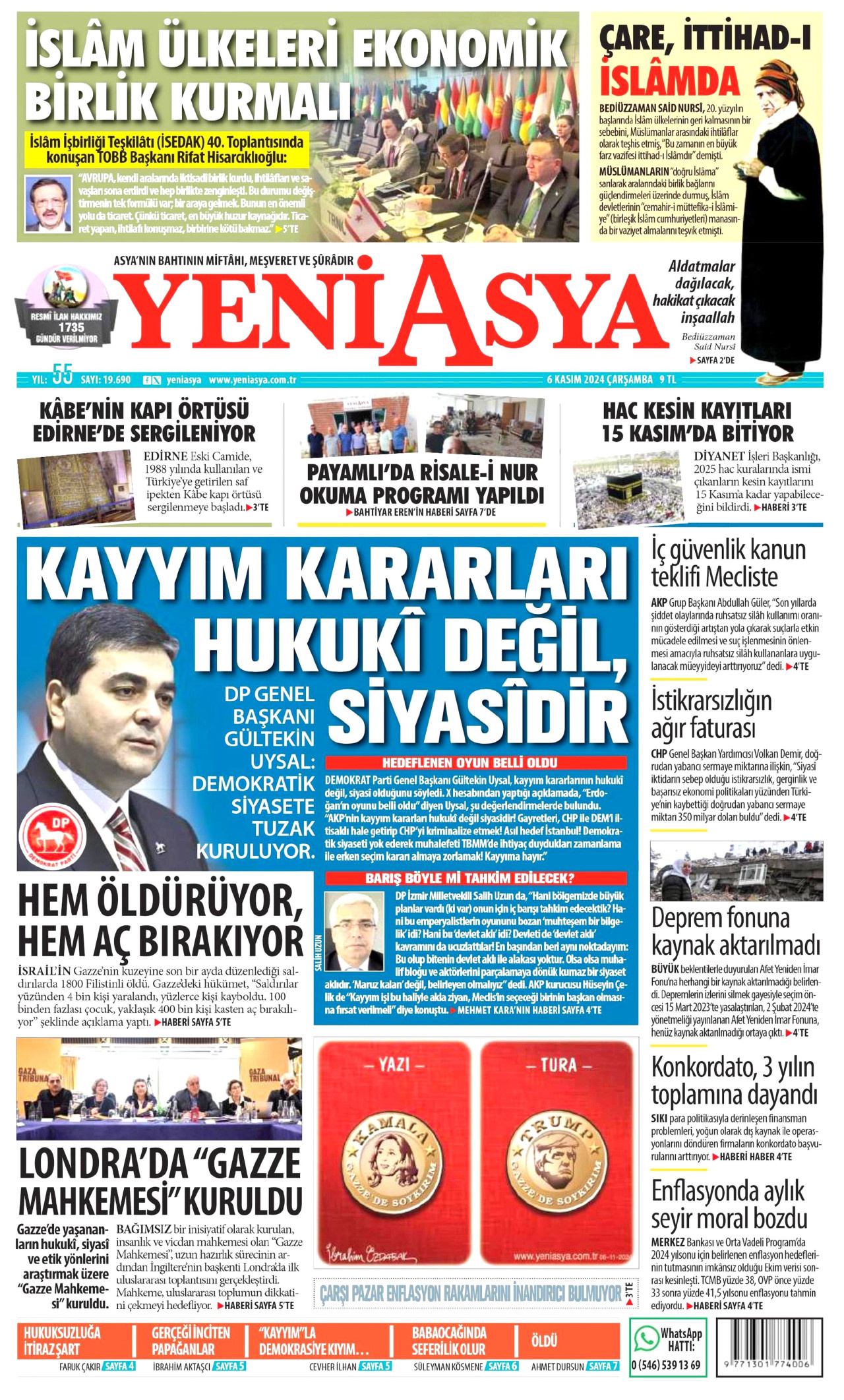 YENİ ASYA gazetesinin 6 Kasım 2024 tarihli birinci sayfası