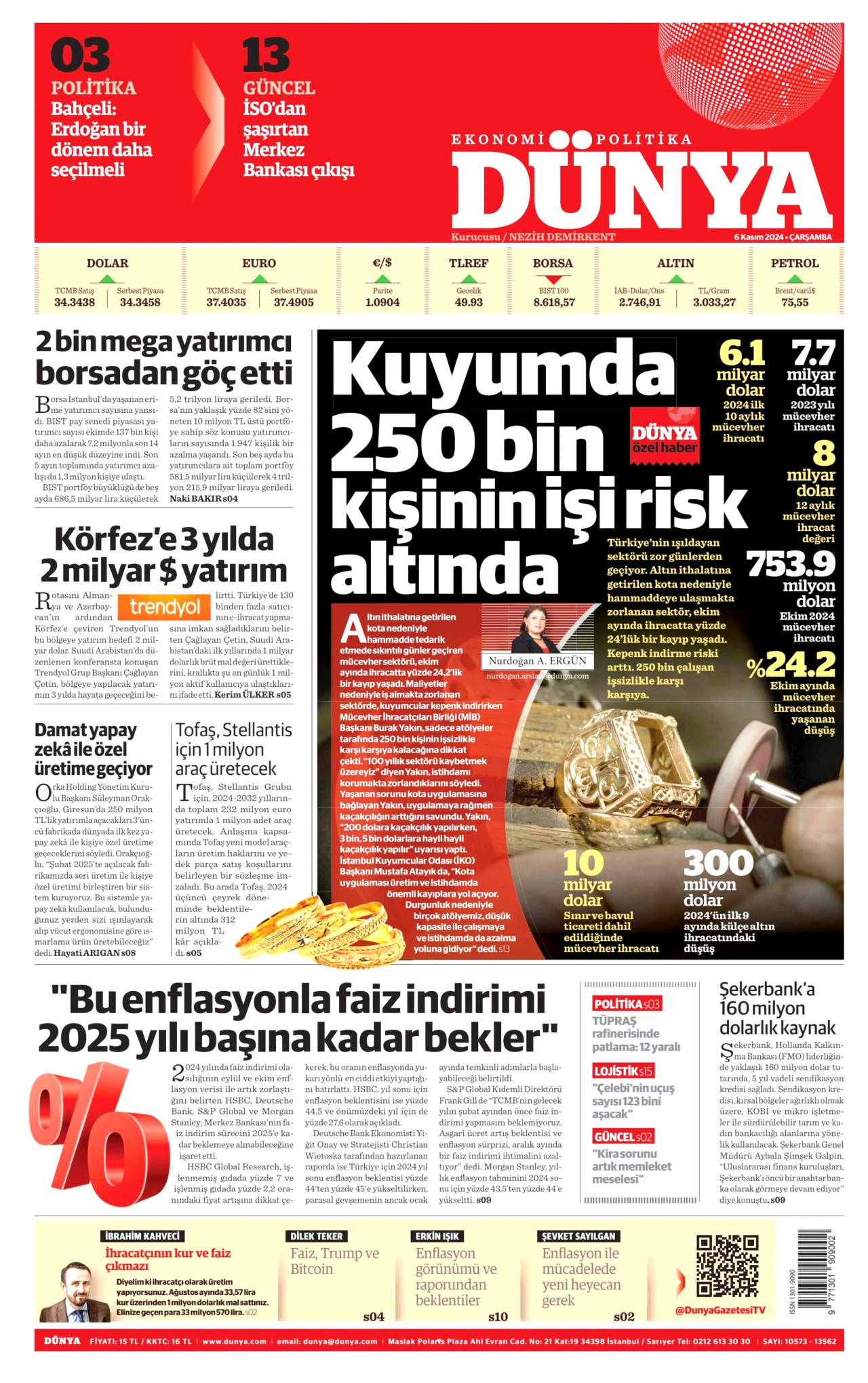 DÜNYA gazetesinin 6 Kasım 2024 tarihli birinci sayfası