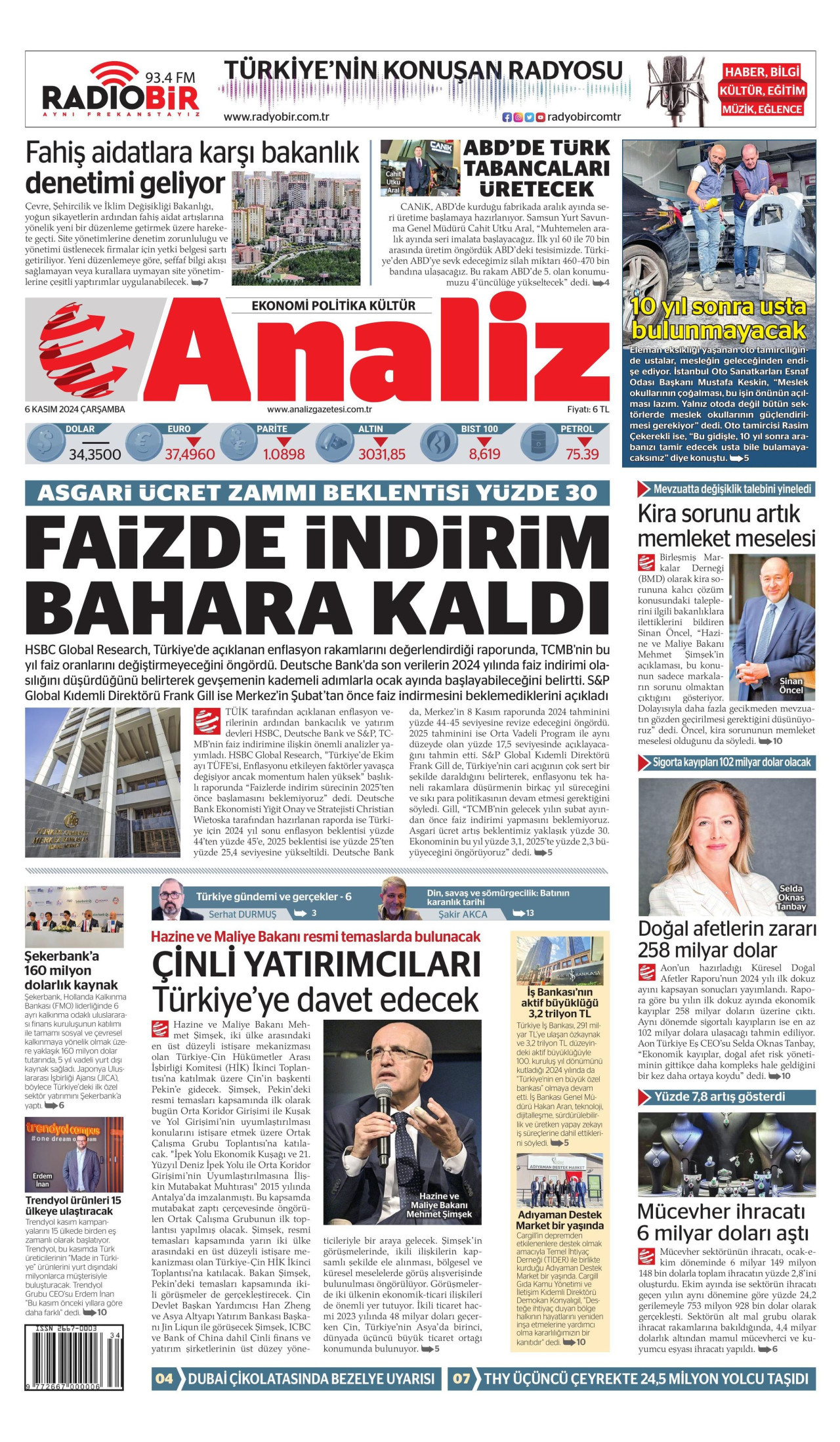 ANALİZ gazetesinin 6 Kasım 2024 tarihli birinci sayfası