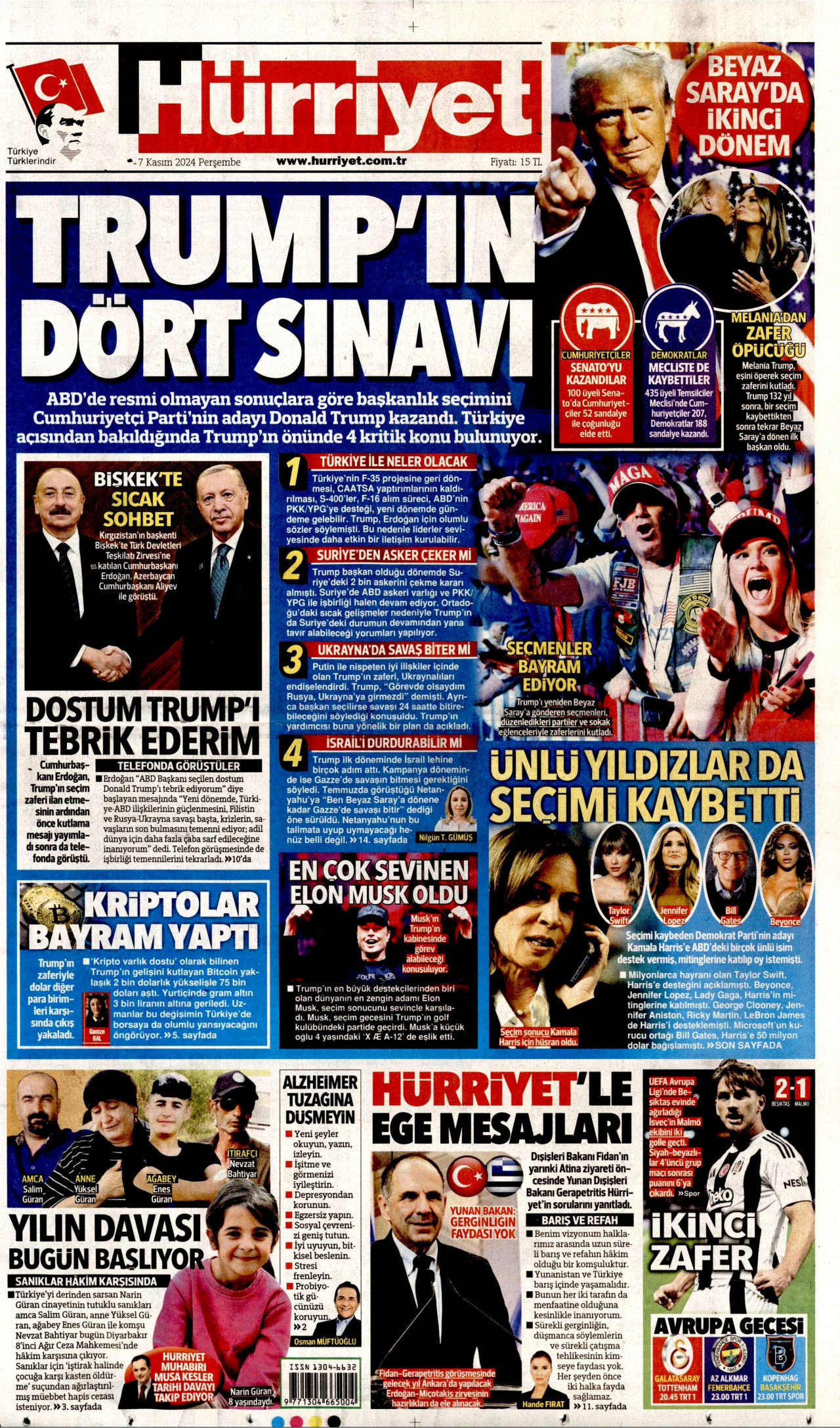 HÜRRİYET gazetesinin 7 Kasım 2024 tarihli birinci sayfası