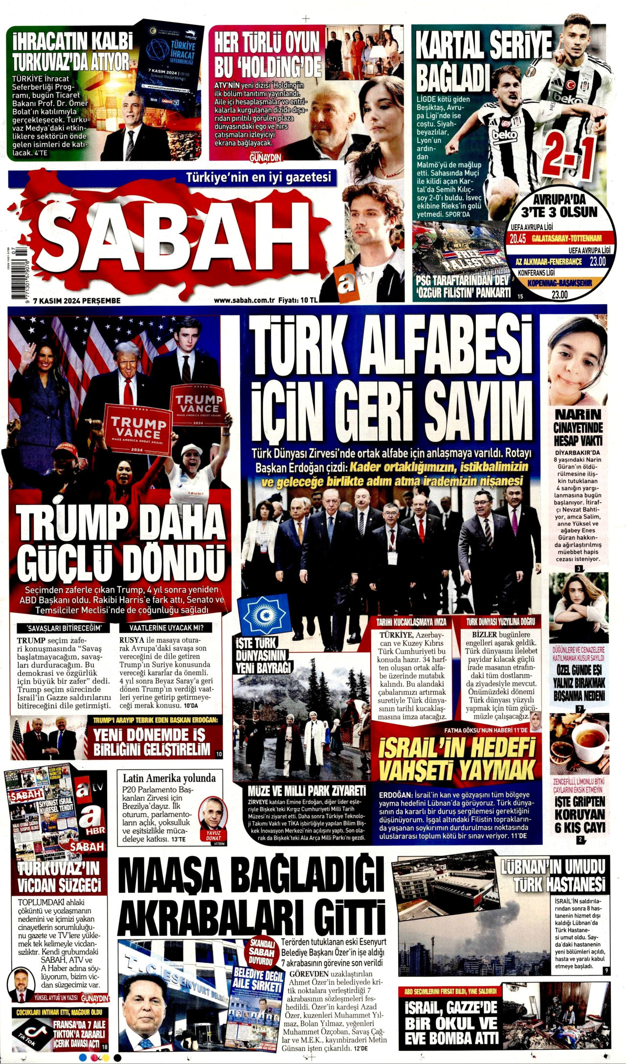 SABAH gazetesinin 7 Kasım 2024 tarihli birinci sayfası