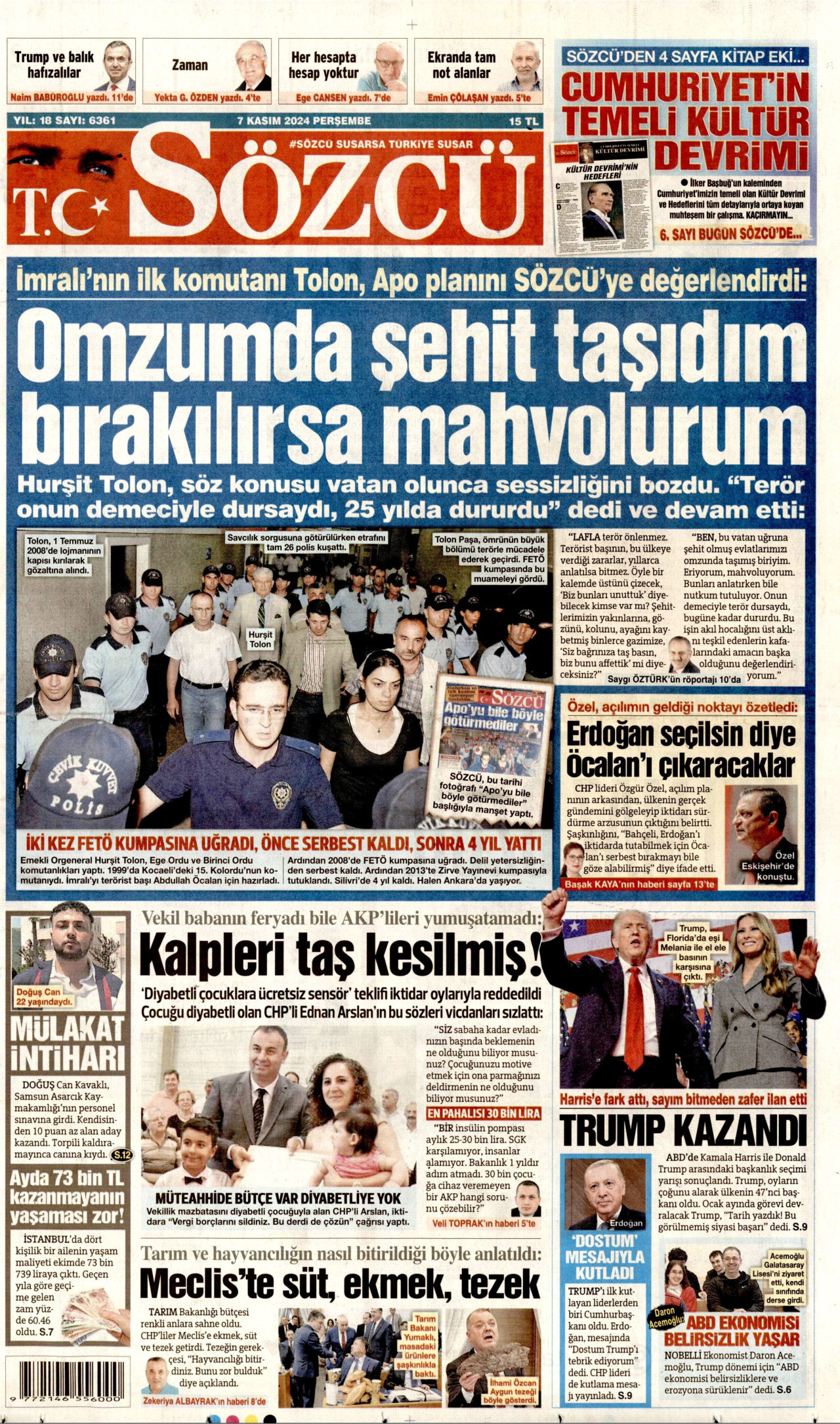 SÖZCÜ gazetesinin 7 Kasım 2024 tarihli birinci sayfası