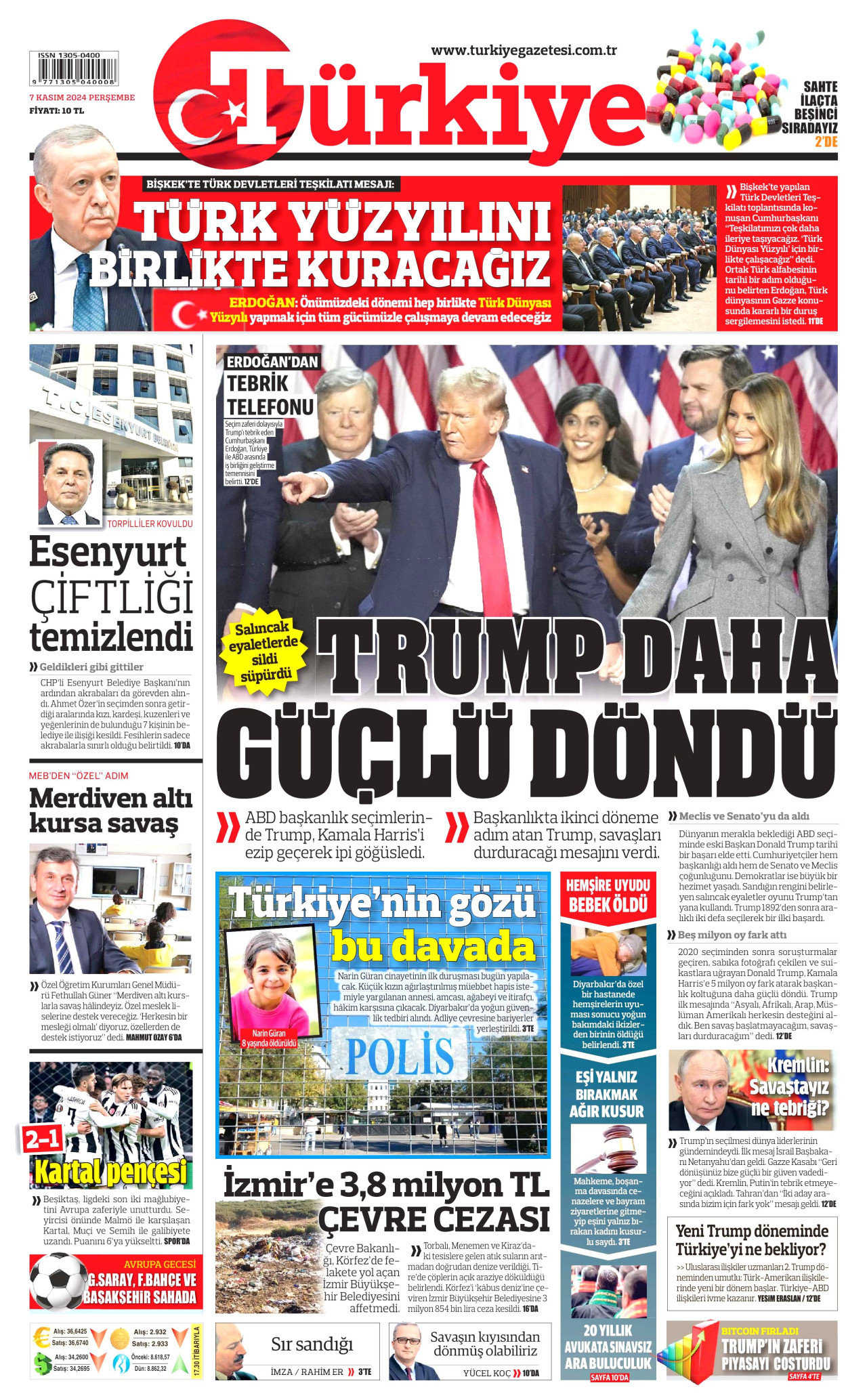 TÜRKİYE GAZETESİ gazetesinin 7 Kasım 2024 tarihli birinci sayfası