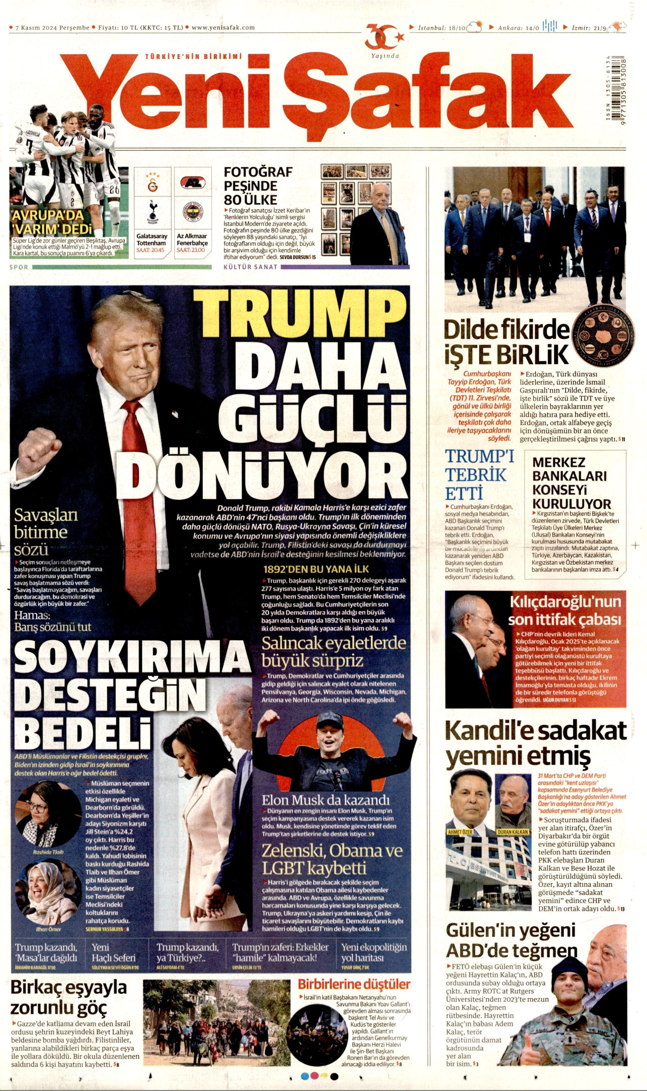 YENİ ŞAFAK gazetesinin 7 Kasım 2024 tarihli birinci sayfası