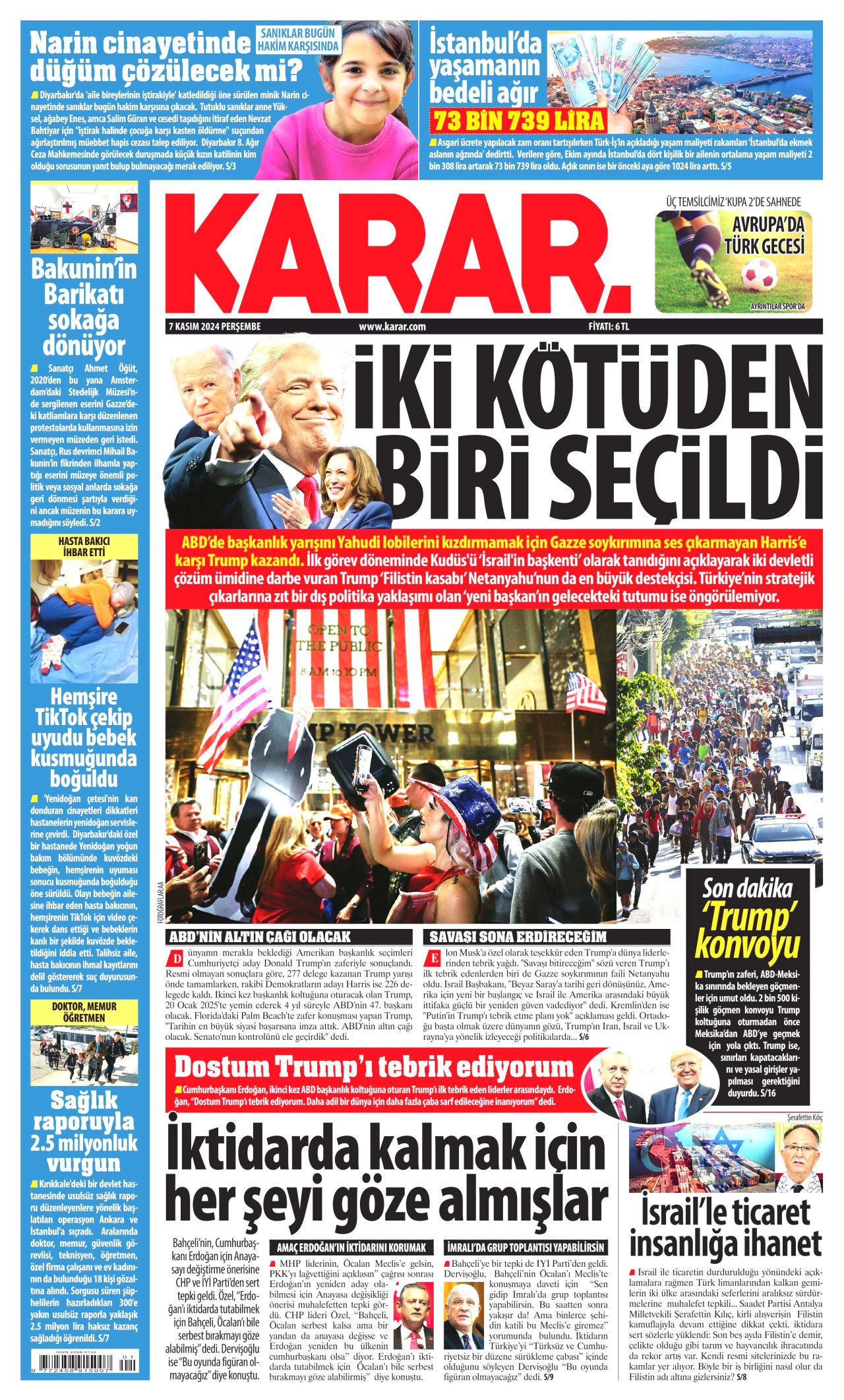 KARAR gazetesinin 7 Kasım 2024 tarihli birinci sayfası