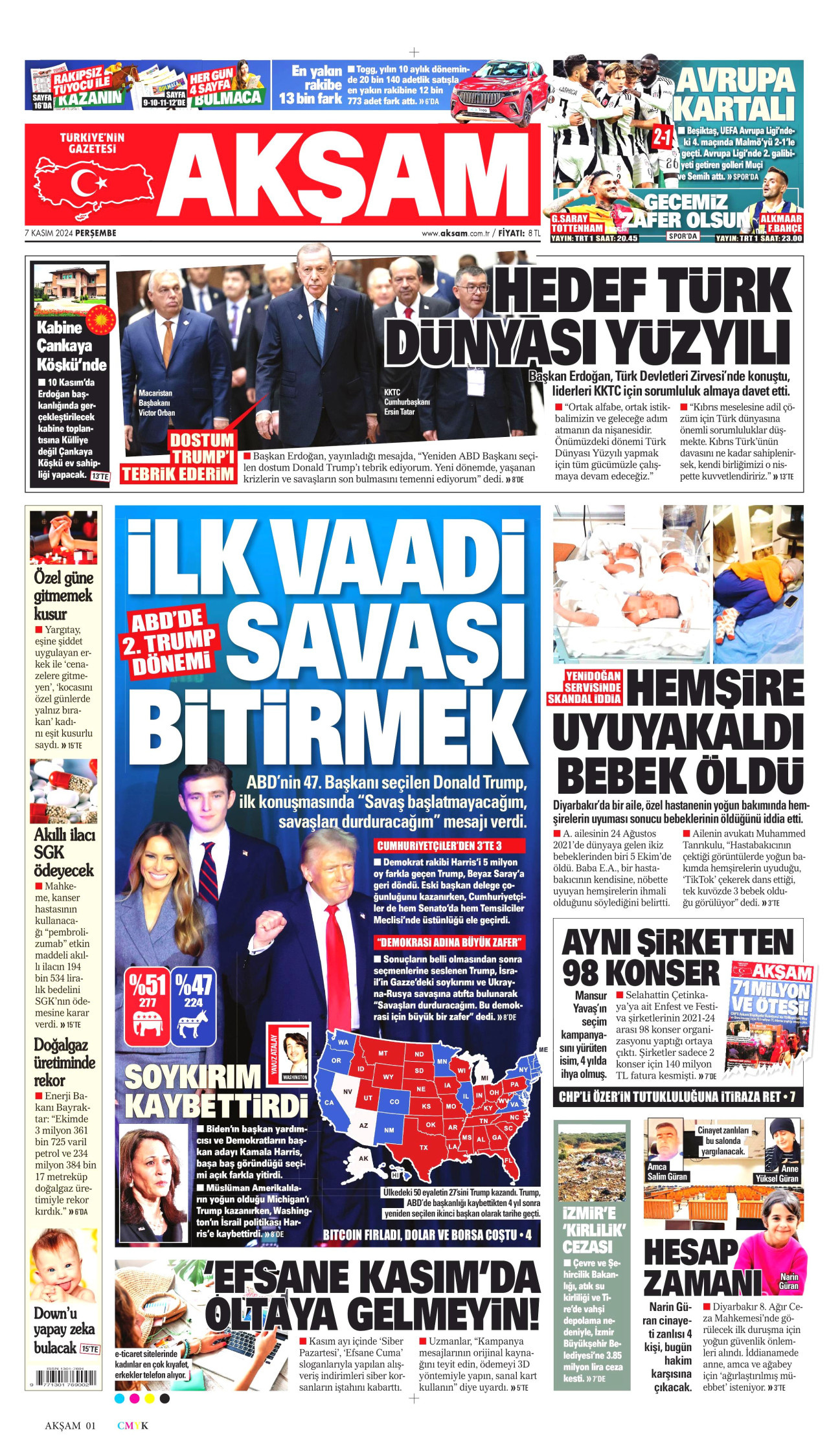AKŞAM gazetesinin 7 Kasım 2024 tarihli birinci sayfası