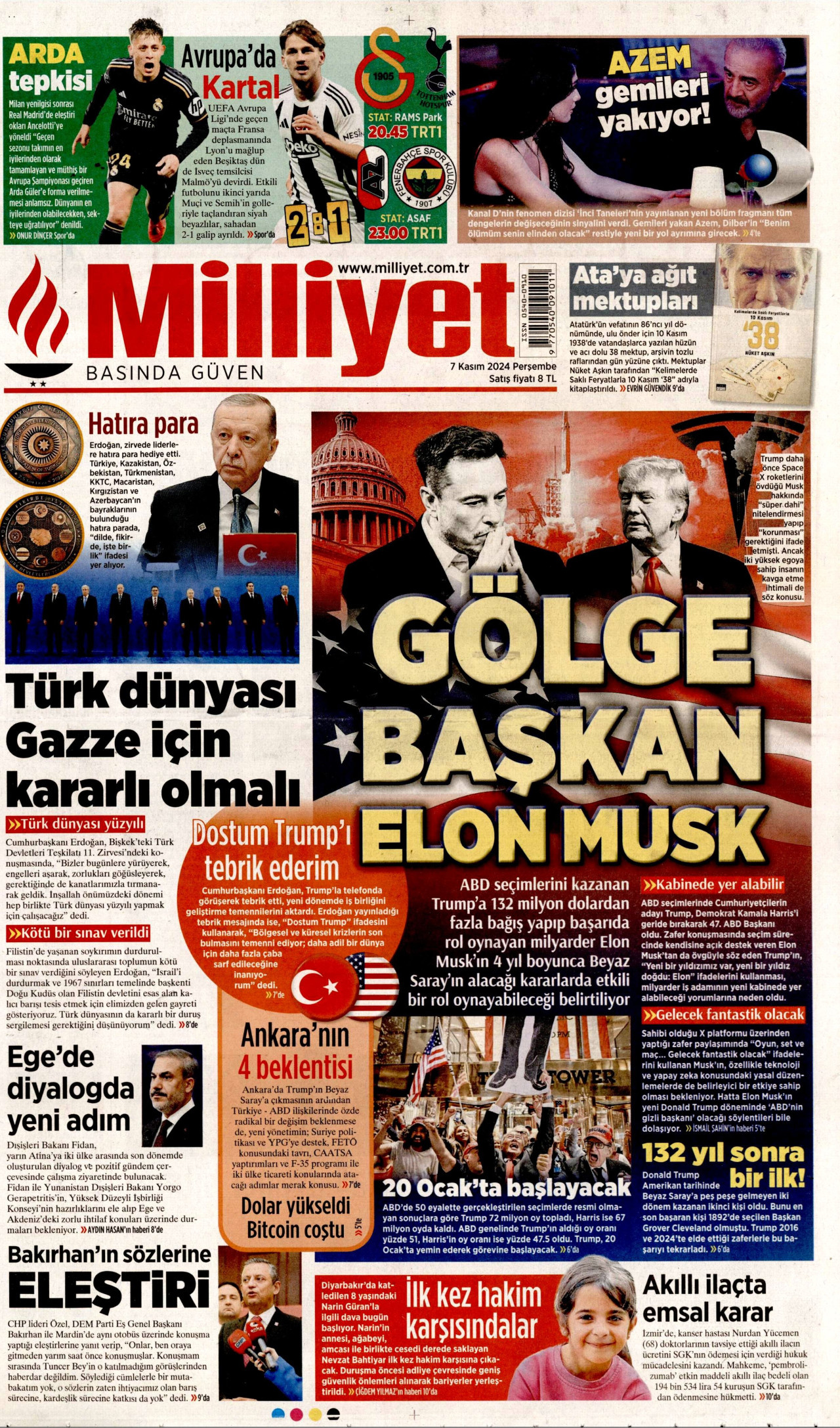 MİLLİYET gazetesinin 7 Kasım 2024 tarihli birinci sayfası