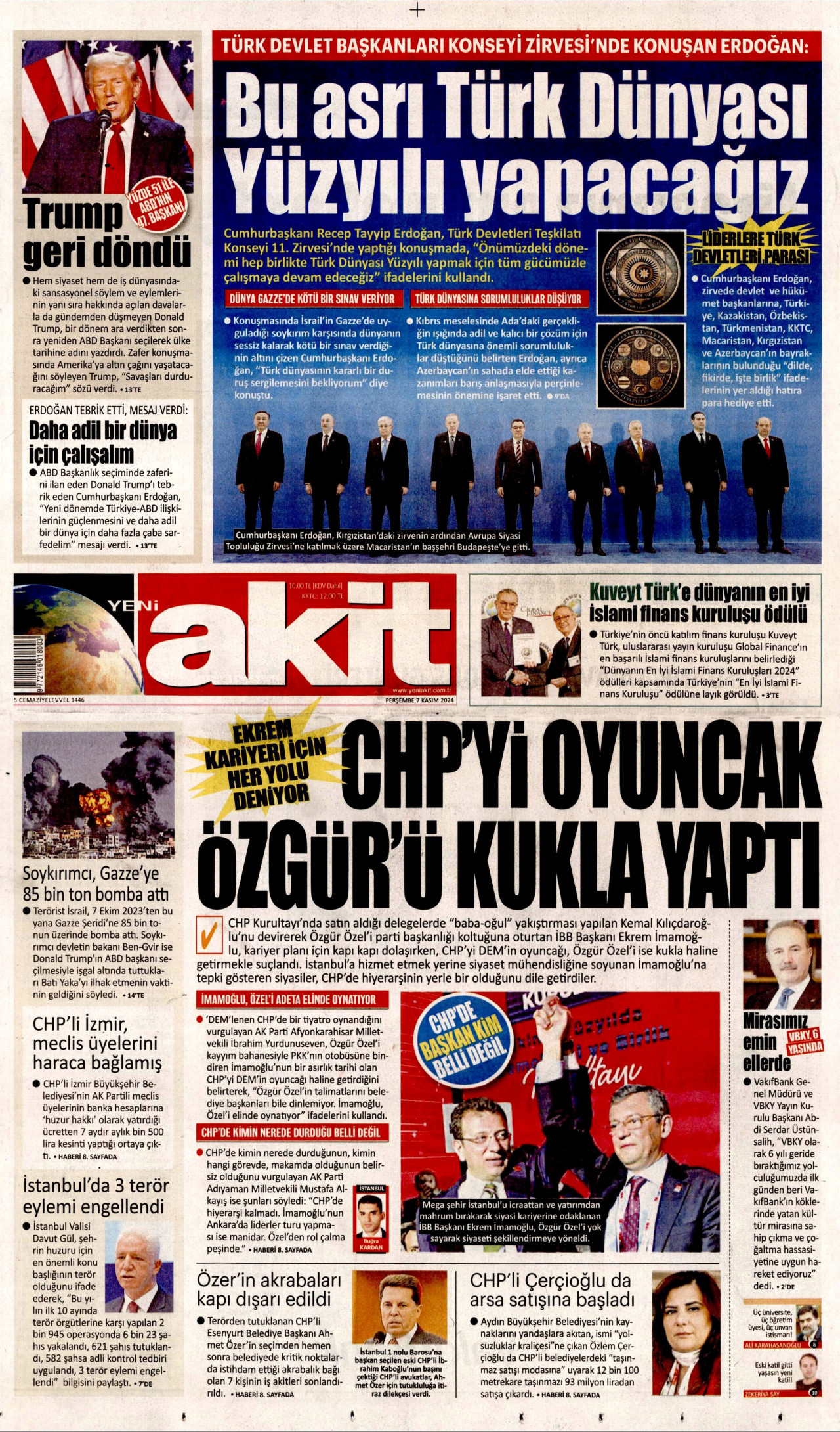YENİ AKİT gazetesinin 7 Kasım 2024 tarihli birinci sayfası