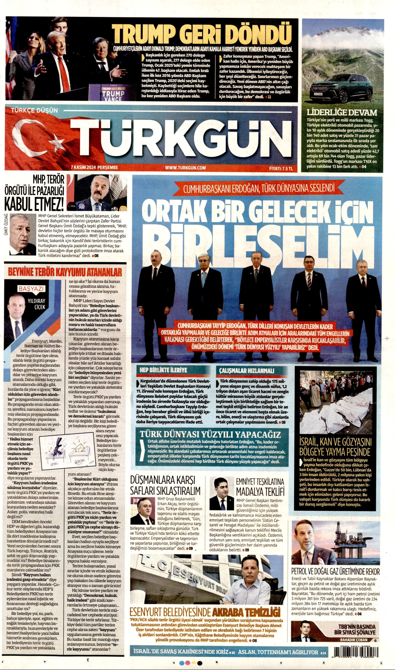 TÜRKGÜN gazetesinin 7 Kasım 2024 tarihli birinci sayfası