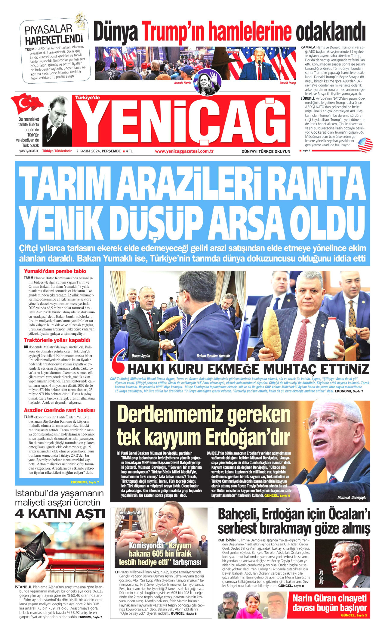 YENİÇAĞ gazetesinin 7 Kasım 2024 tarihli birinci sayfası