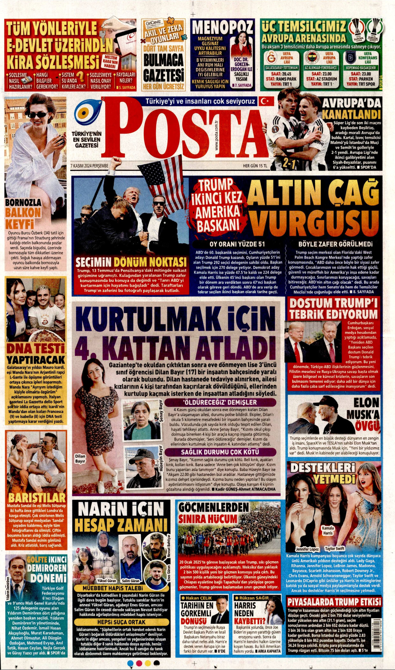 POSTA gazetesinin 7 Kasım 2024 tarihli birinci sayfası