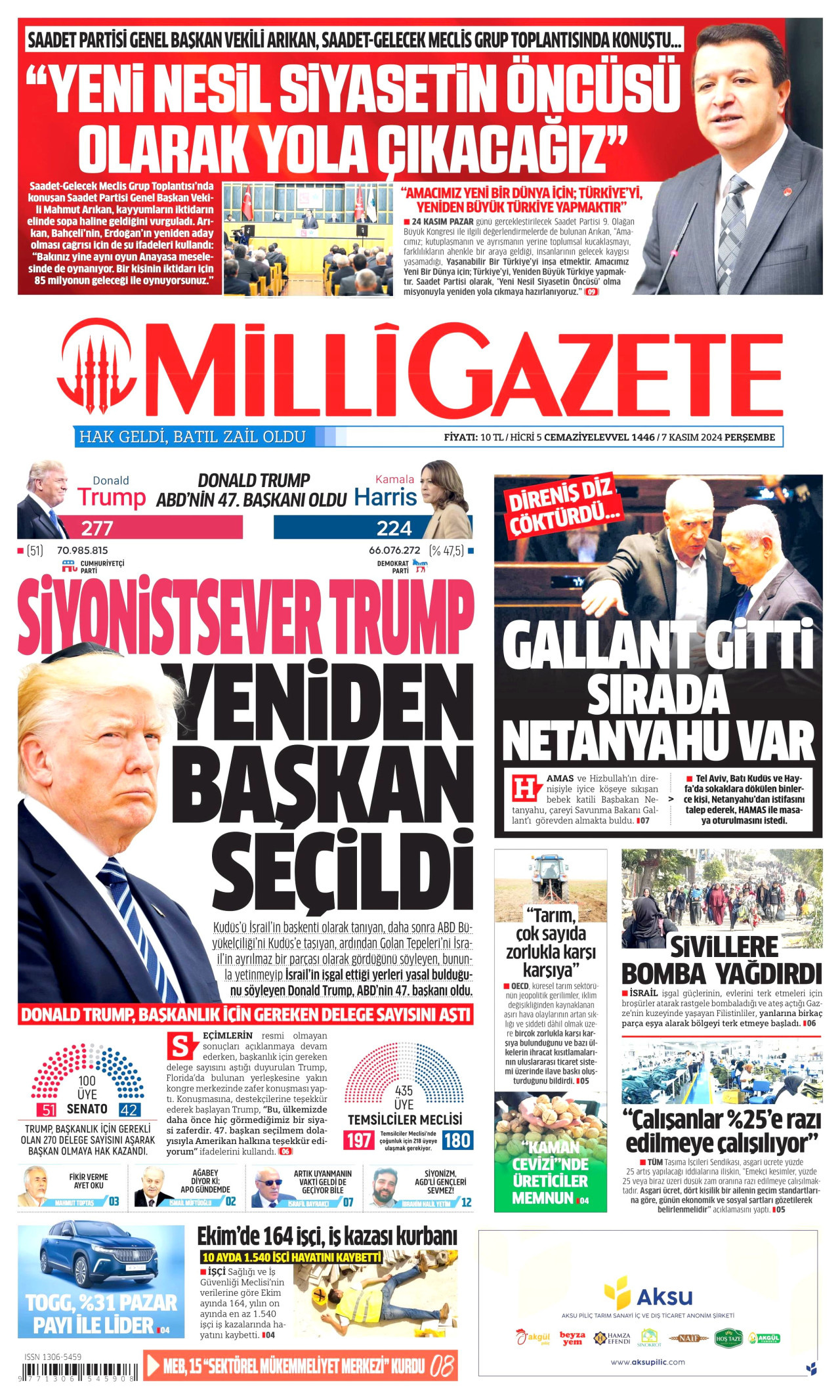 MİLLİ GAZETE gazetesinin 7 Kasım 2024 tarihli birinci sayfası