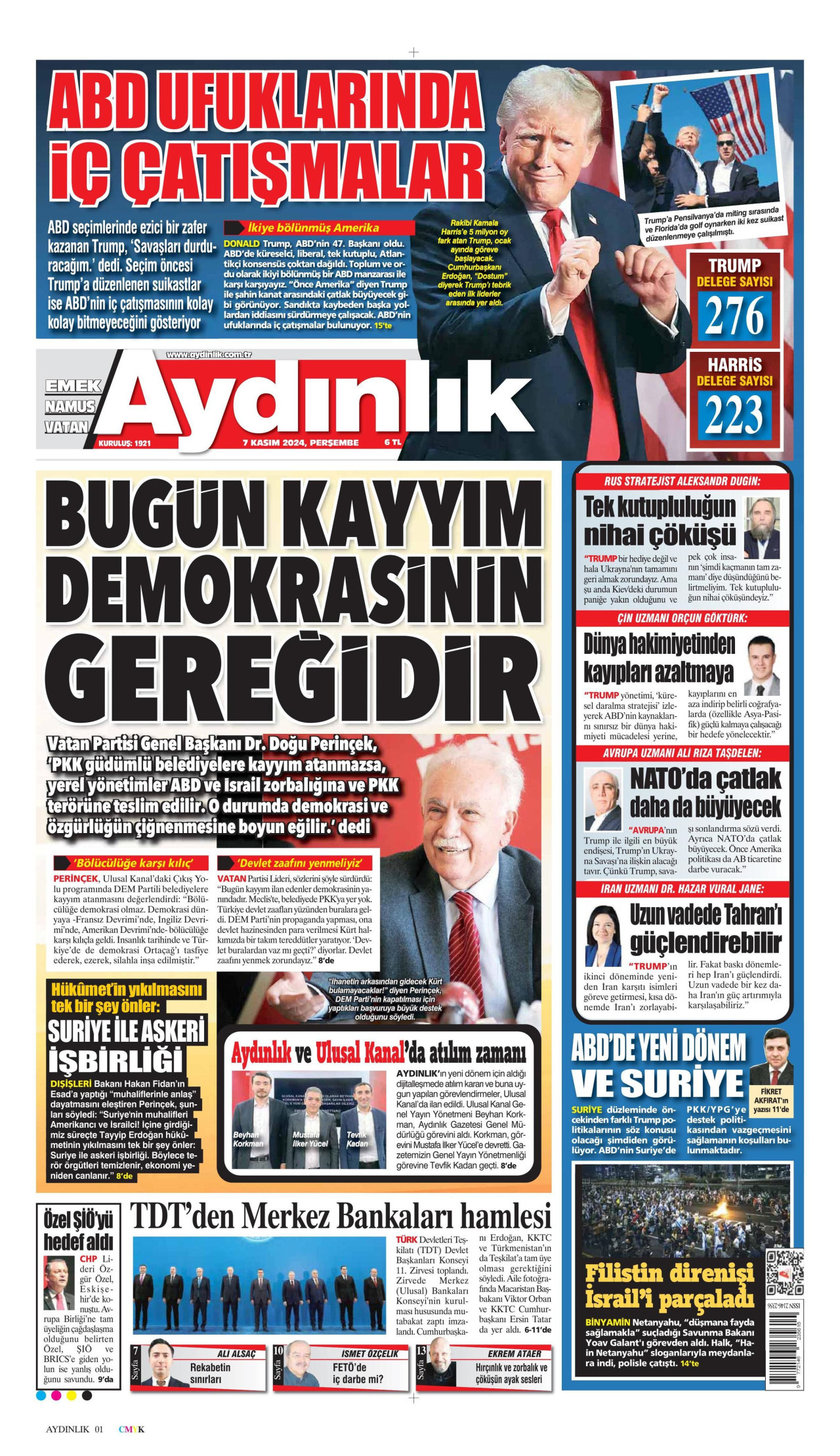 AYDINLIK GAZETESİ gazetesinin 7 Kasım 2024 tarihli birinci sayfası