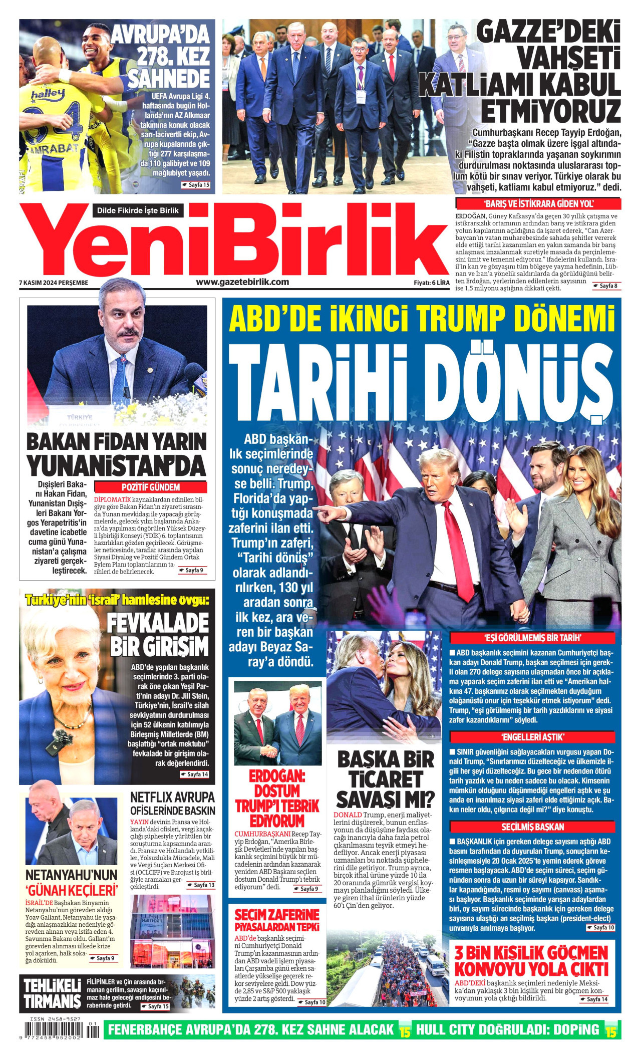 YENİBİRLİK gazetesinin 7 Kasım 2024 tarihli birinci sayfası