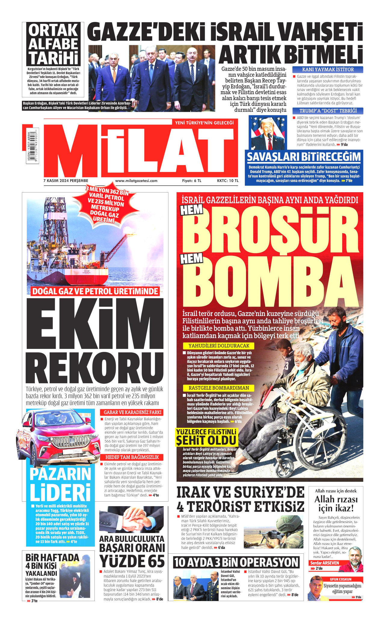 MİLAT gazetesinin 7 Kasım 2024 tarihli birinci sayfası