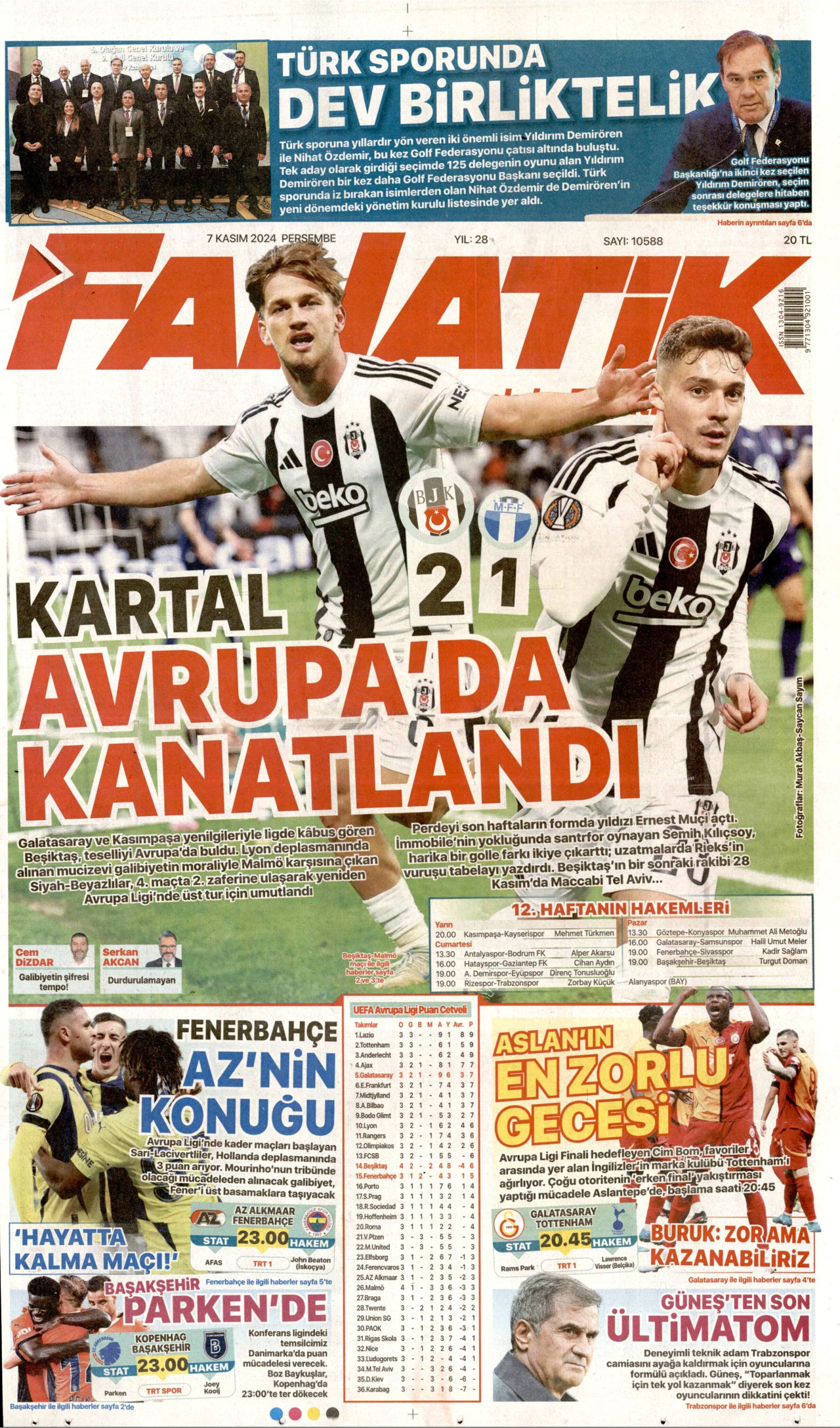 FANATİK gazetesinin 7 Kasım 2024 tarihli birinci sayfası