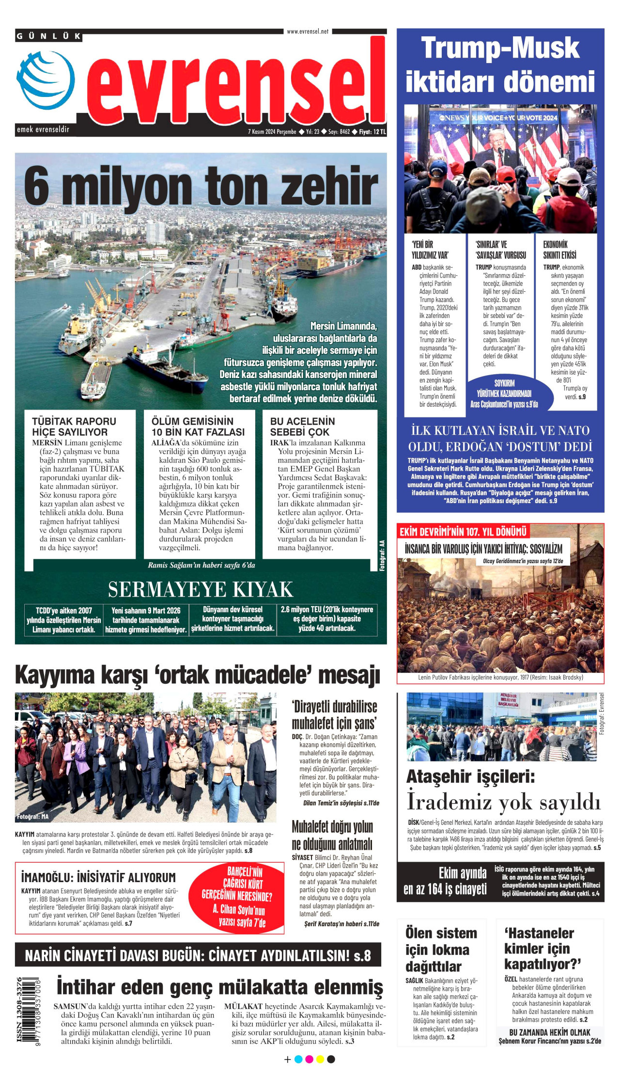 EVRENSEL gazetesinin 7 Kasım 2024 tarihli birinci sayfası
