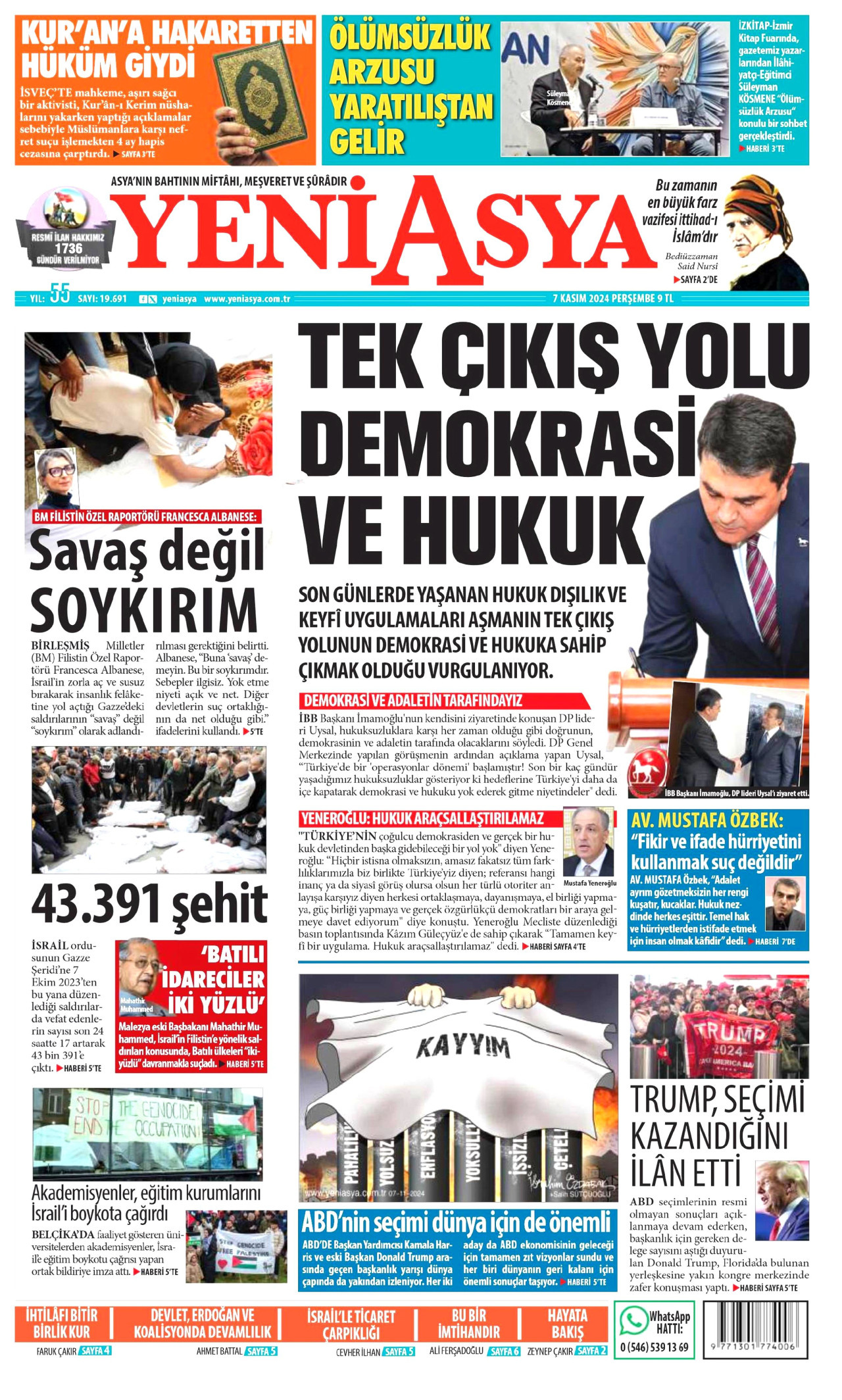 YENİ ASYA gazetesinin 7 Kasım 2024 tarihli birinci sayfası