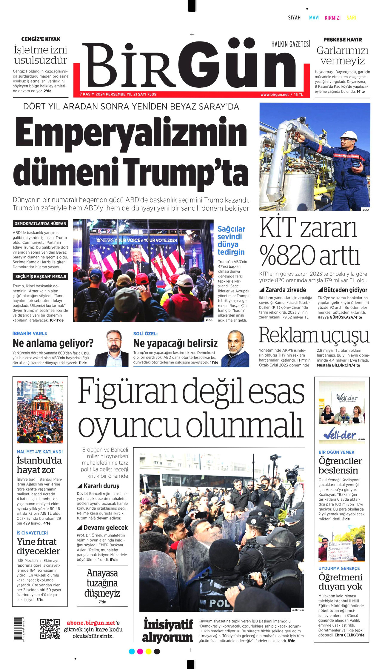 BİRGÜN gazetesinin 7 Kasım 2024 tarihli birinci sayfası