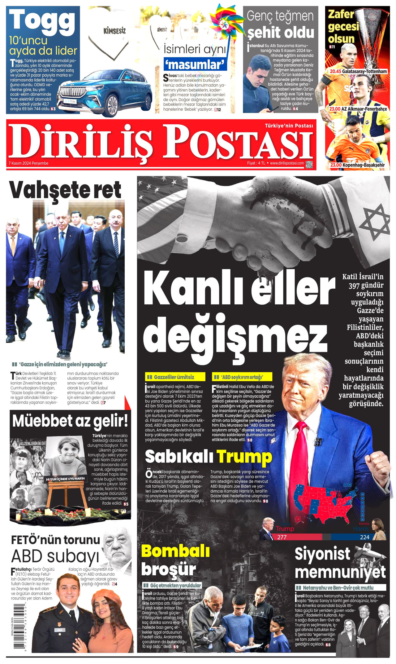 DİRİLİŞ POSTASI gazetesinin 7 Kasım 2024 tarihli birinci sayfası