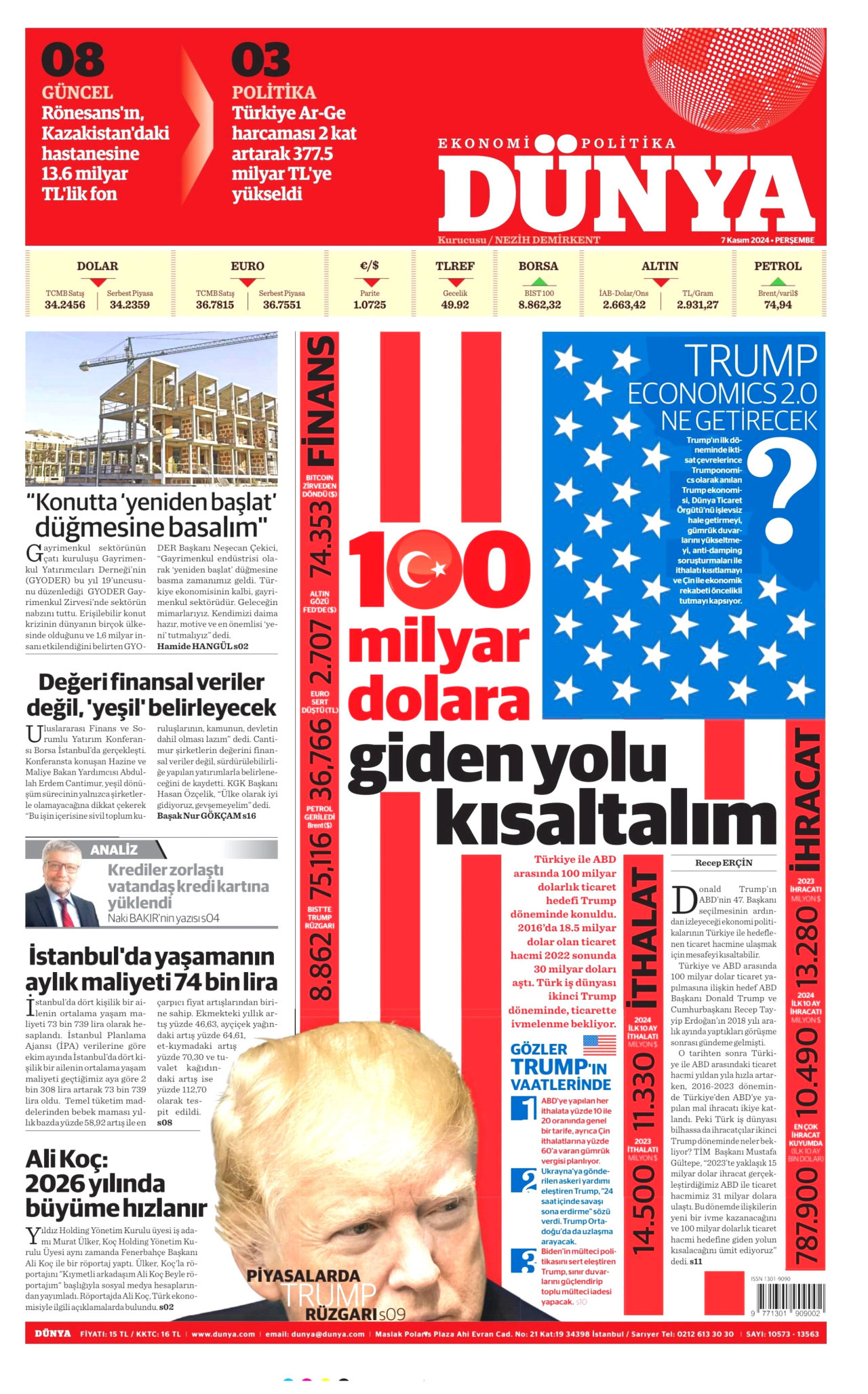 DÜNYA gazetesinin 7 Kasım 2024 tarihli birinci sayfası