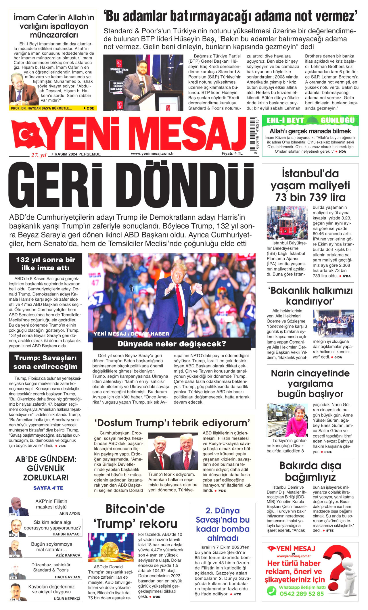 YENİ MESAJ gazetesinin 7 Kasım 2024 tarihli birinci sayfası