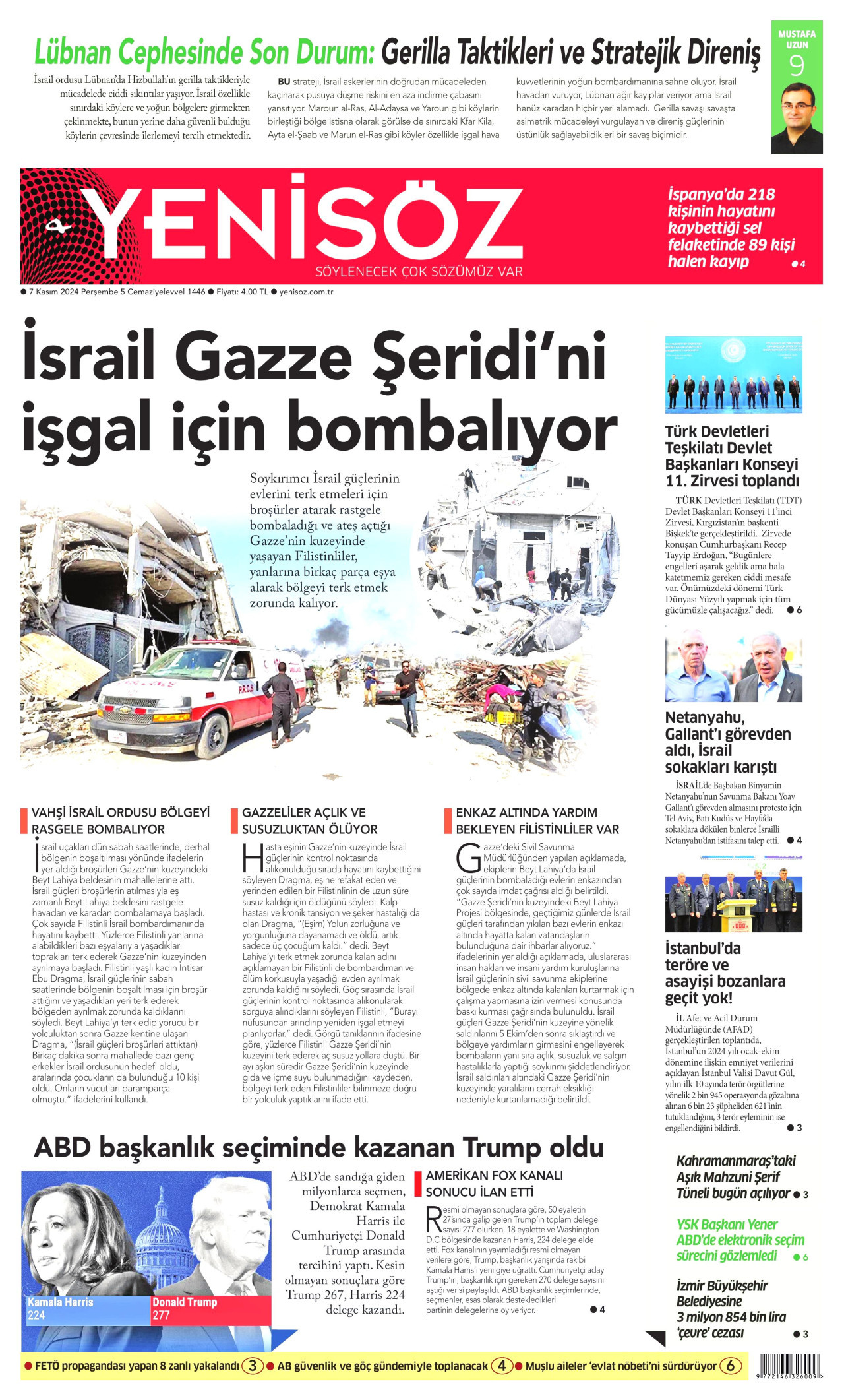 YENİ SÖZ GAZETESİ gazetesinin 7 Kasım 2024 tarihli birinci sayfası