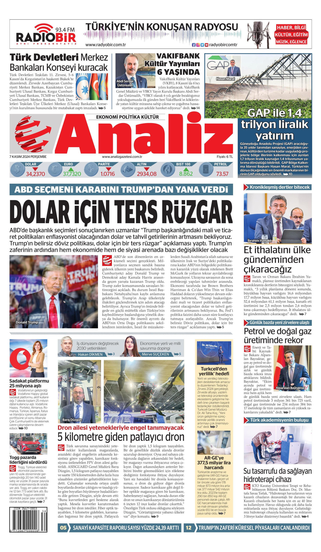 ANALİZ gazetesinin 7 Kasım 2024 tarihli birinci sayfası