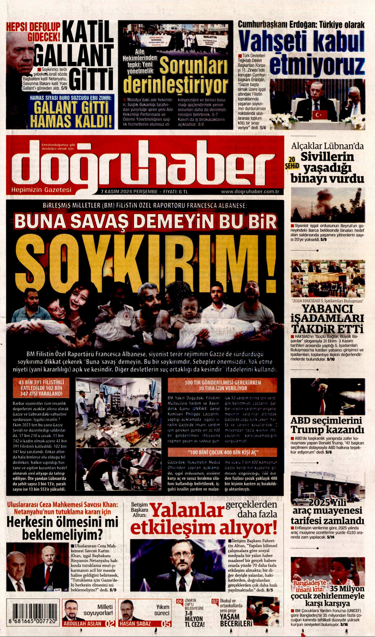 DOĞRU HABER gazetesinin 7 Kasım 2024 tarihli birinci sayfası