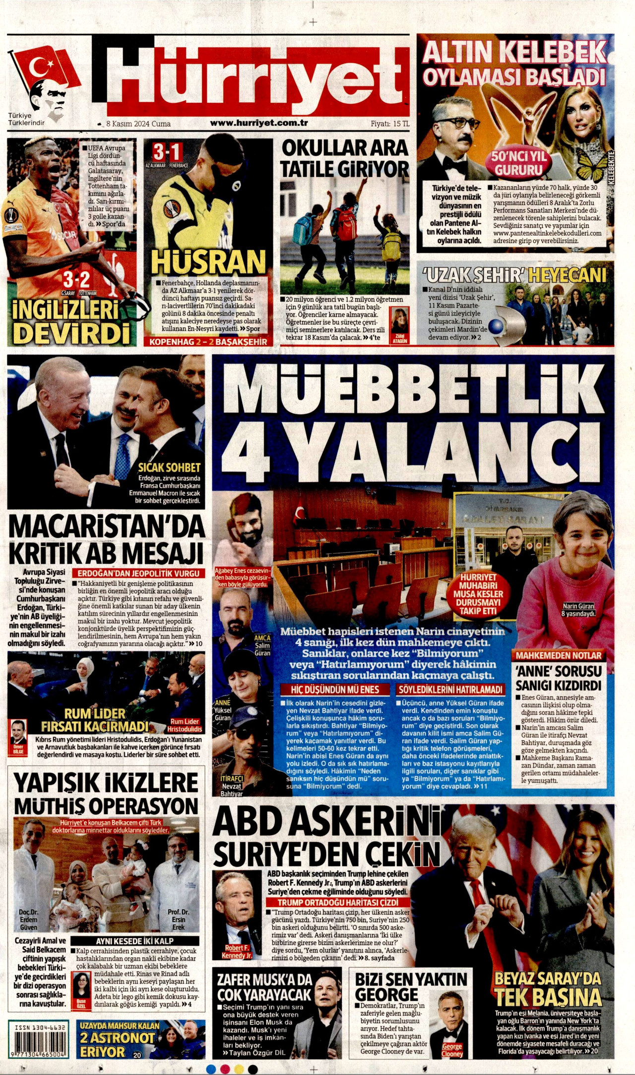 HÜRRİYET gazetesinin 8 Kasım 2024 tarihli birinci sayfası
